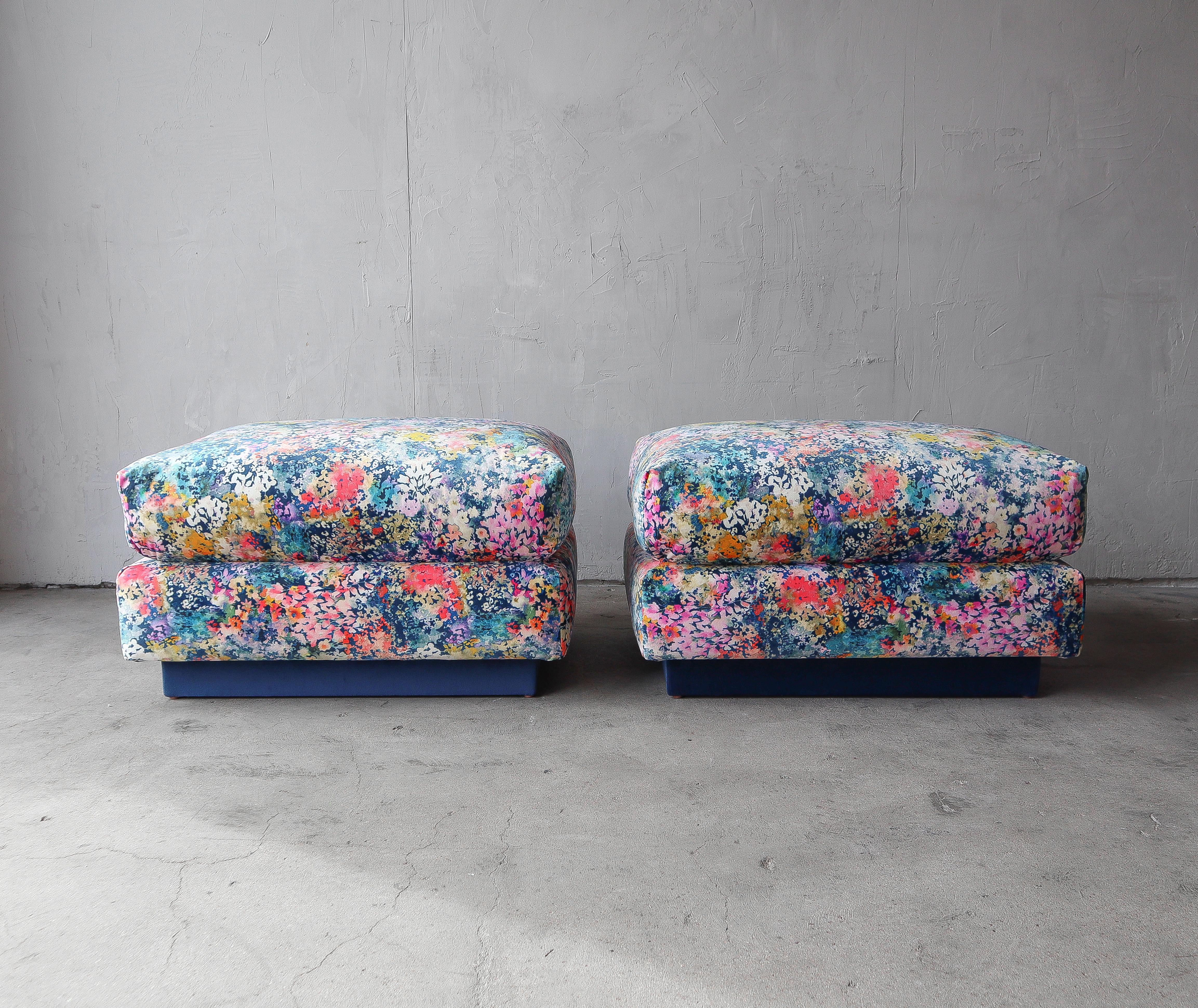Great pair of oversized, rectangular ottomans. Use them as stylish decor that doubles as extra seating.

The ottomans have been reupholstered with all new foam and and gorgeous floral microvelvet fabric.