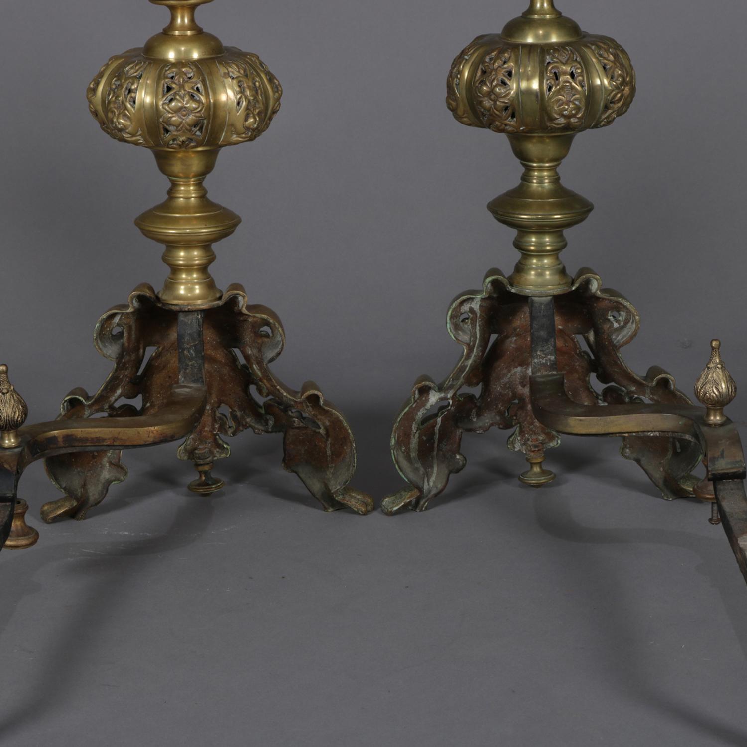 Pair of Oversized French Baroque Brass Fireplace Chenet Andirons with Masks 6