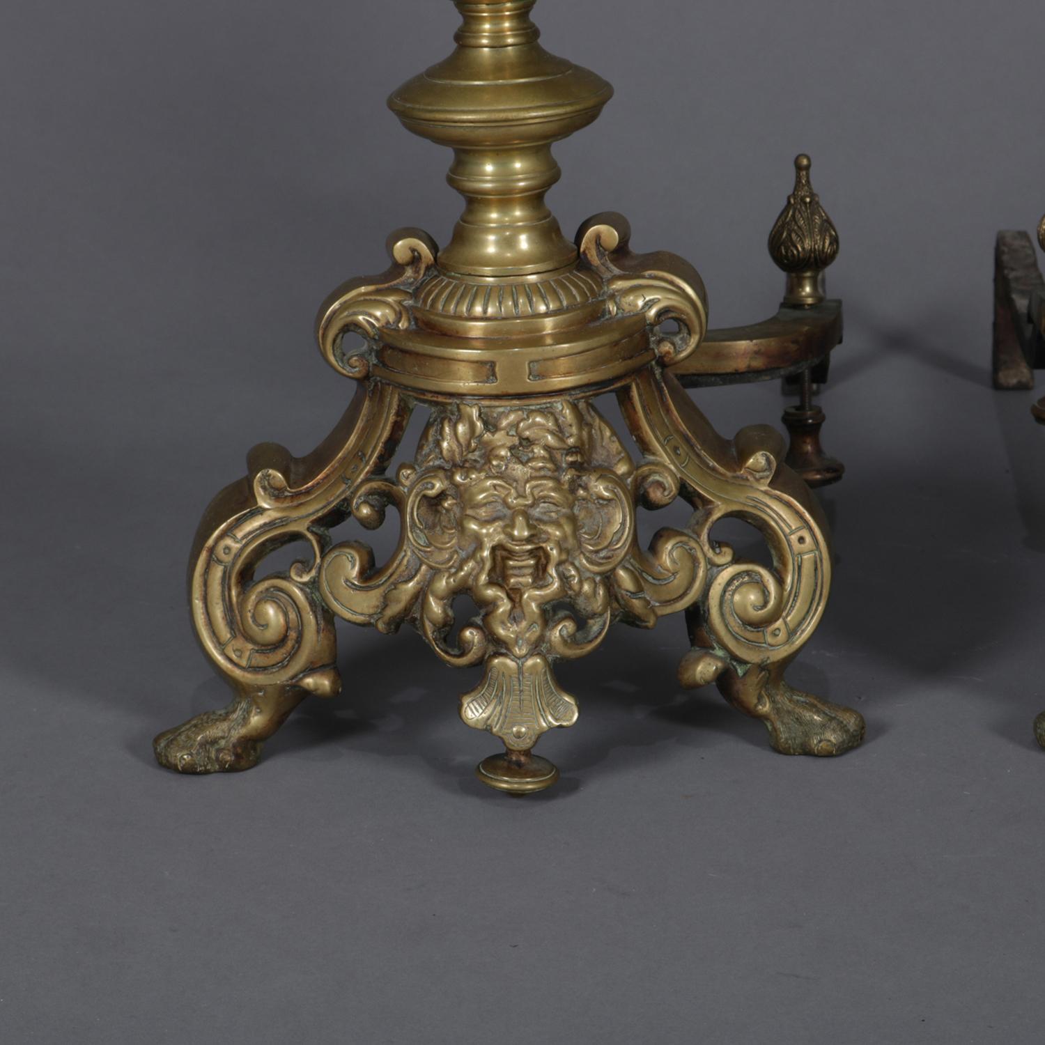Cast Pair of Oversized French Baroque Brass Fireplace Chenet Andirons with Masks