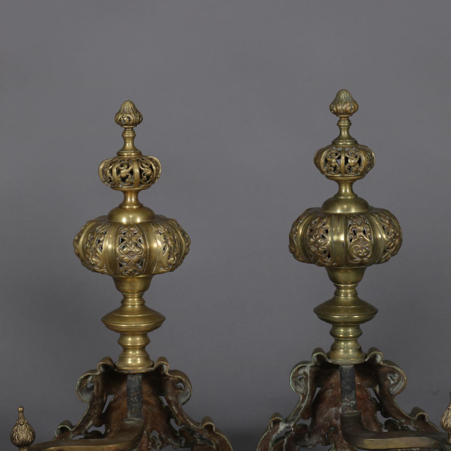 Pair of Oversized French Baroque Brass Fireplace Chenet Andirons with Masks In Good Condition In Big Flats, NY