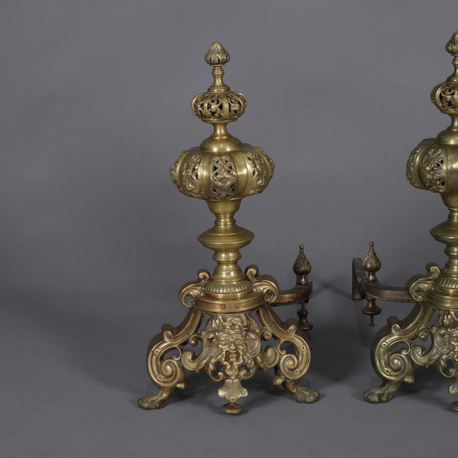 19th Century Pair of Oversized French Baroque Brass Fireplace Chenet Andirons with Masks