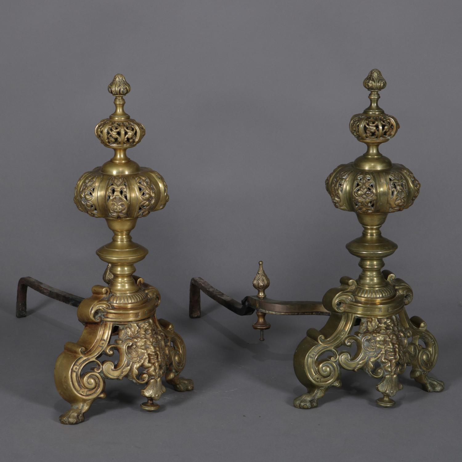 Pair of Oversized French Baroque Brass Fireplace Chenet Andirons with Masks 2