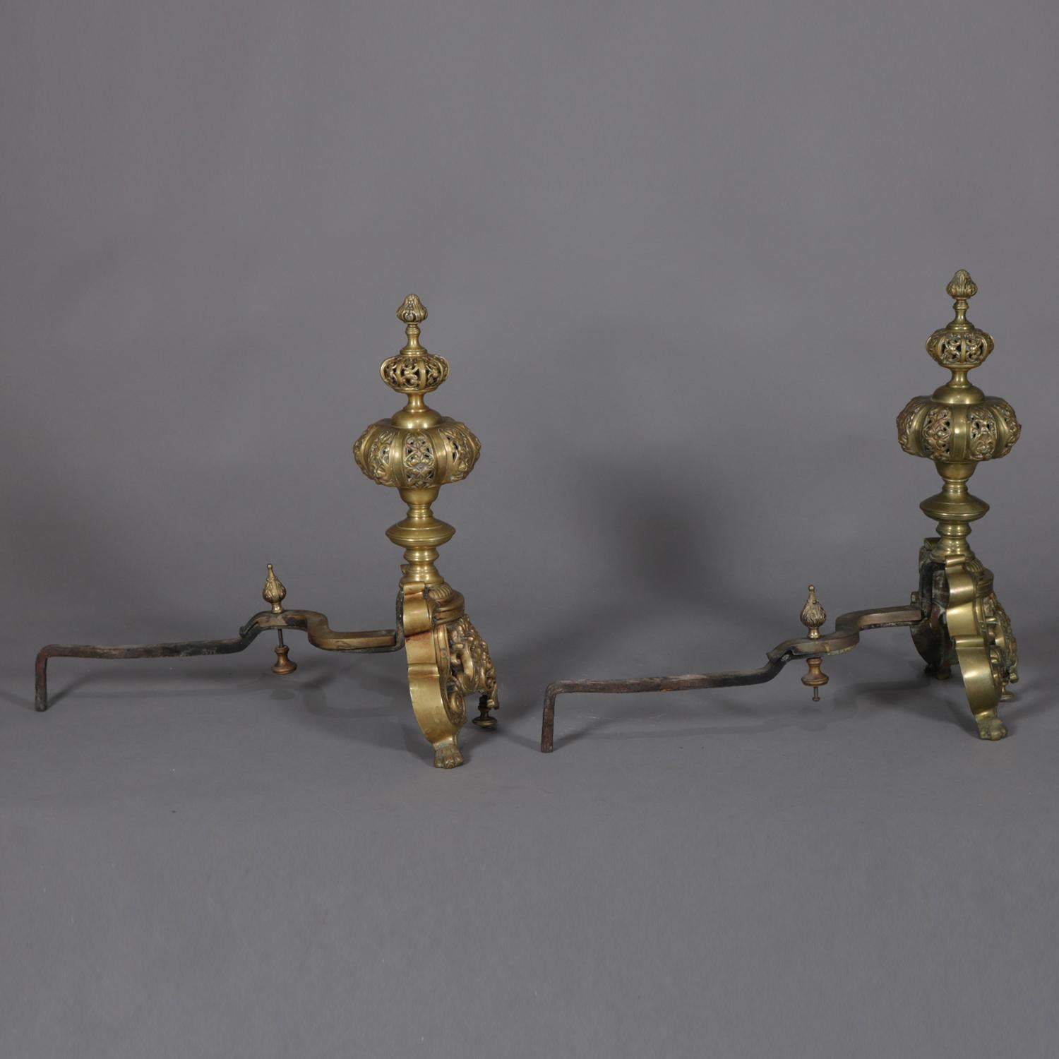 Pair of Oversized French Baroque Brass Fireplace Chenet Andirons with Masks 3
