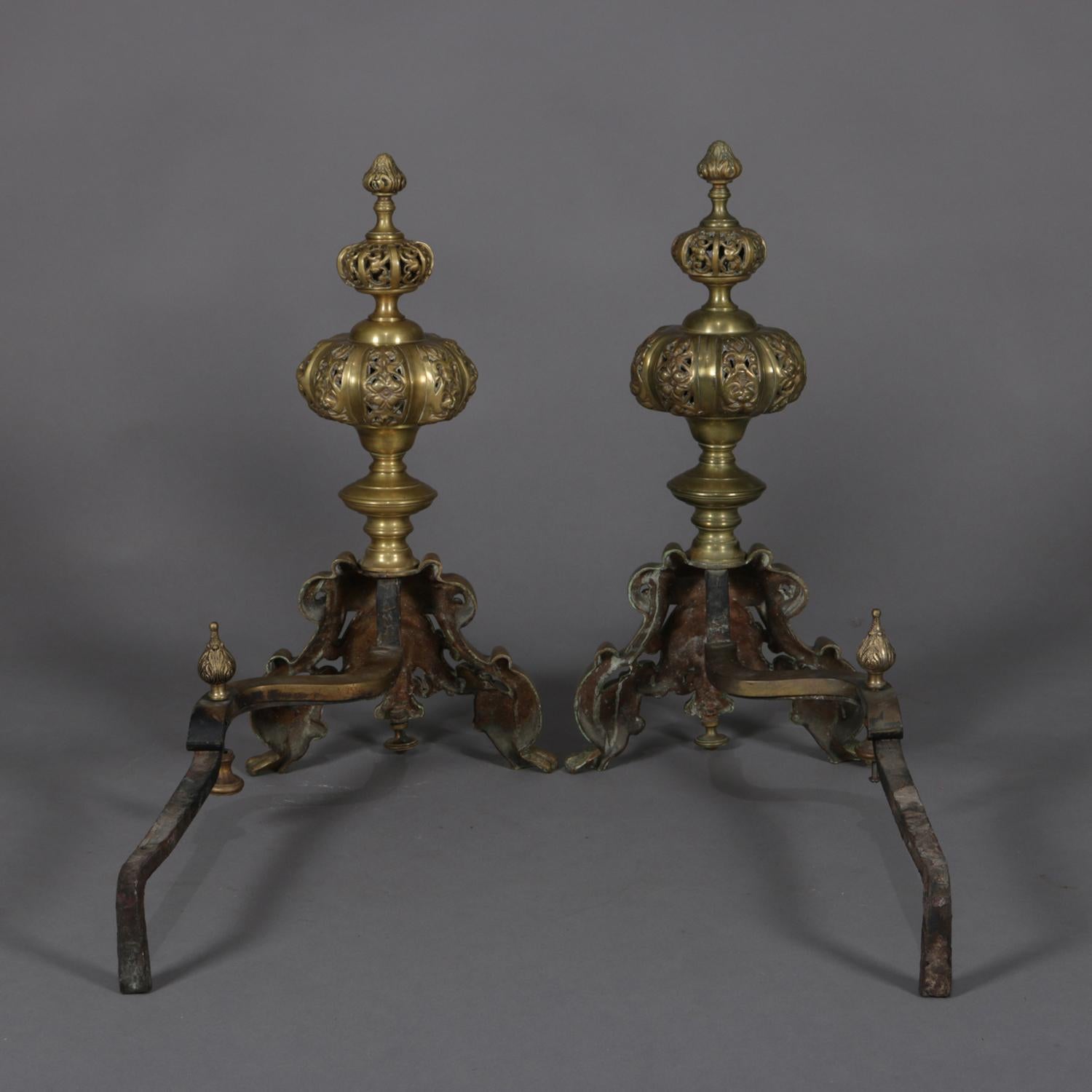 Pair of Oversized French Baroque Brass Fireplace Chenet Andirons with Masks 4