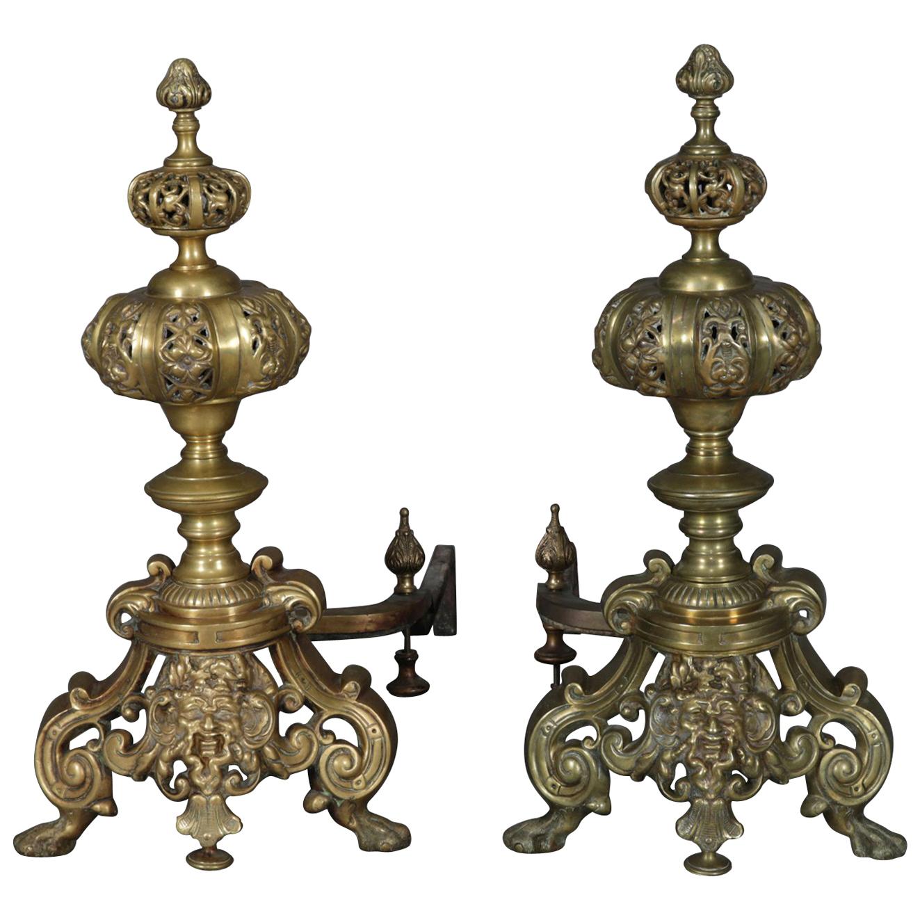 Pair of Oversized French Baroque Brass Fireplace Chenet Andirons with Masks