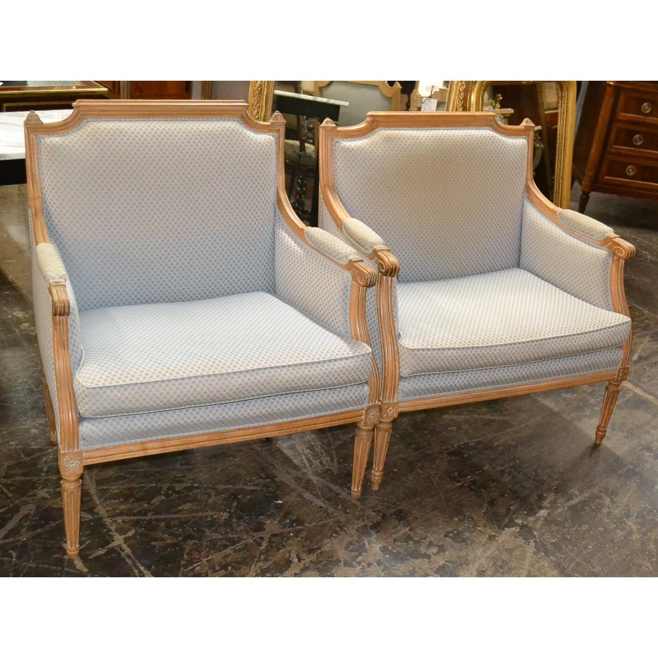 Upholstery Pair of Oversized French Louis XVI Bergeres, circa 1900
