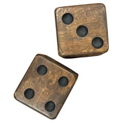 Pair of Oversized Hand-Carved Wooden Dice Sculptures, Mid-Century Folk Art Decor