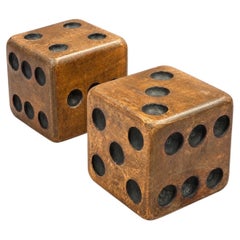 Pair of Oversized Hand-Carved Wooden Dice Sculptures, Mid-Century Folk Art Decor