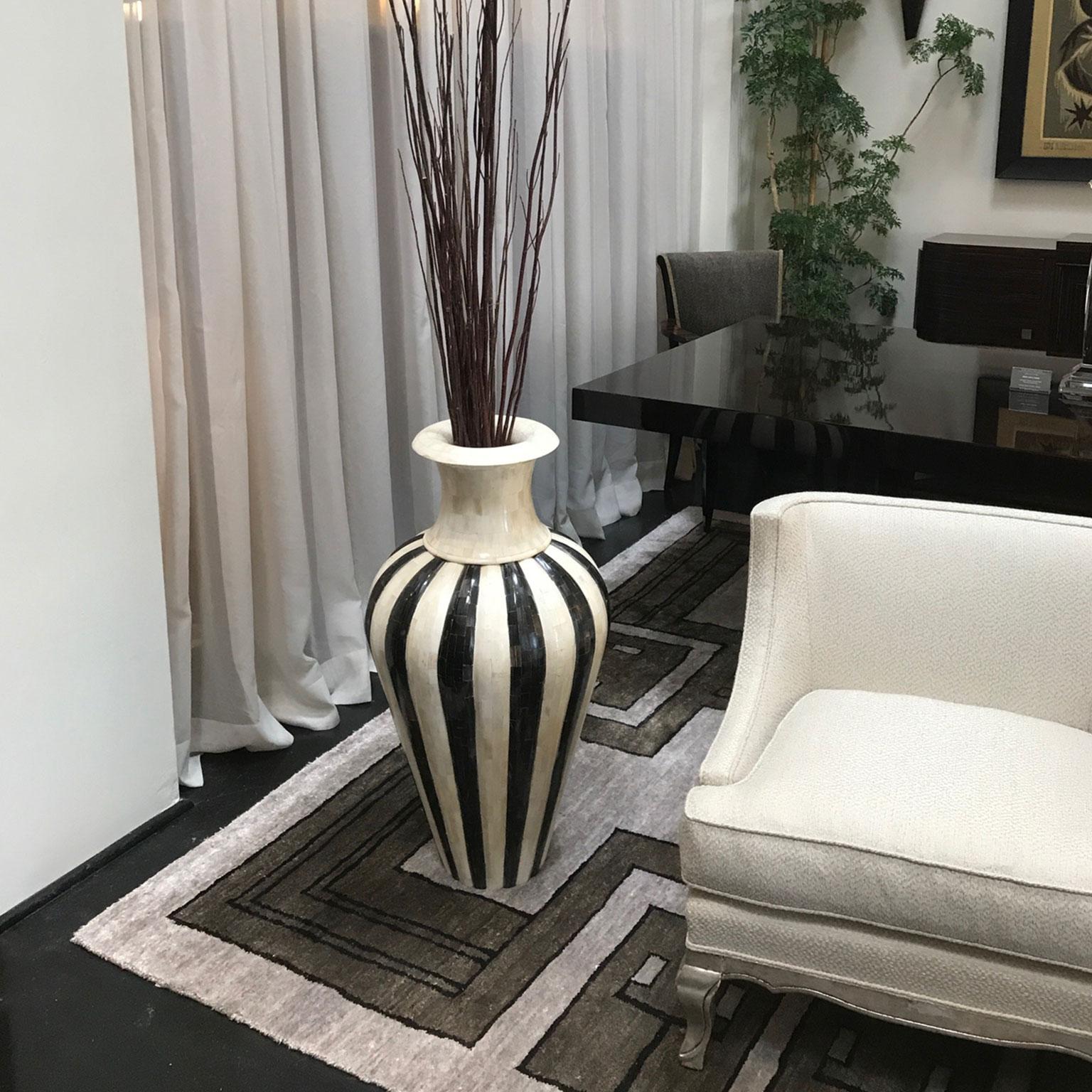 Pair of Oversized Horn and Bone Vases in Back and White Striped Design 1