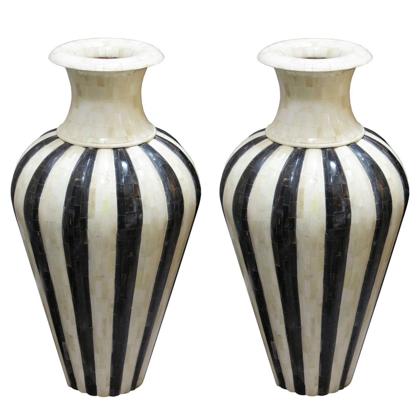 Pair of Oversized Horn and Bone Vases in Back and White Striped Design