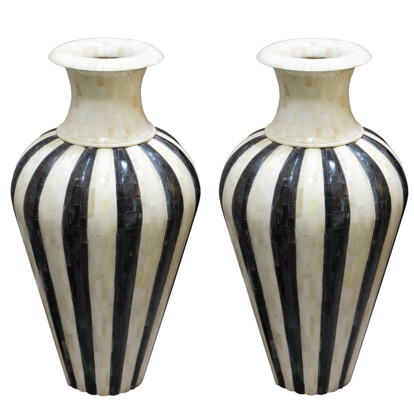 Pair of Oversized Horn and Bone Vases in Back and White Striped Design