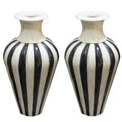 Pair of Oversized Horn and Bone Vases in Back and White Striped Design