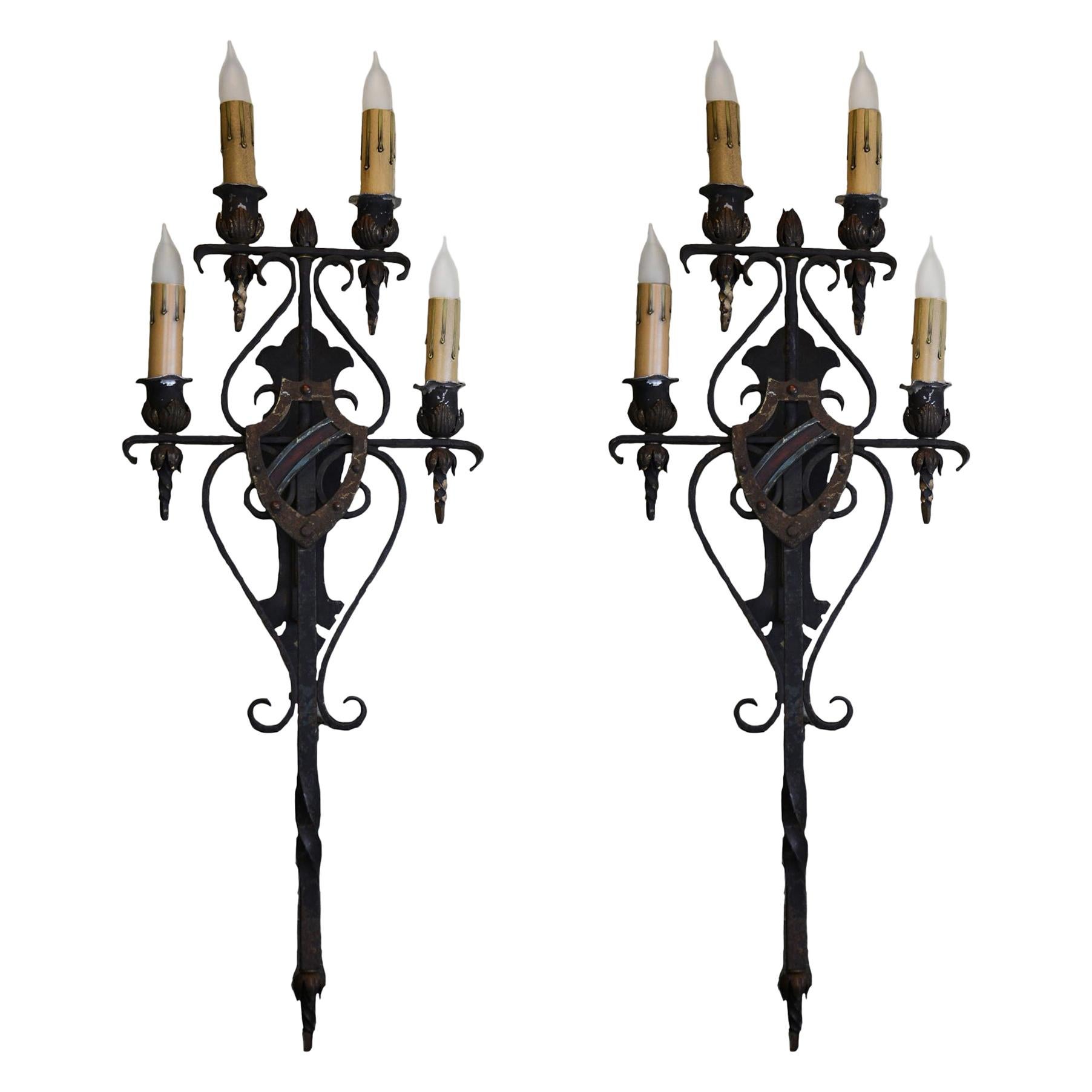 Pair of Oversized Iron and Brass Tudor Sconce with Twisted Finials