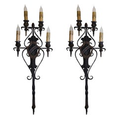 Pair of Oversized Iron and Brass Tudor Sconce with Twisted Finials