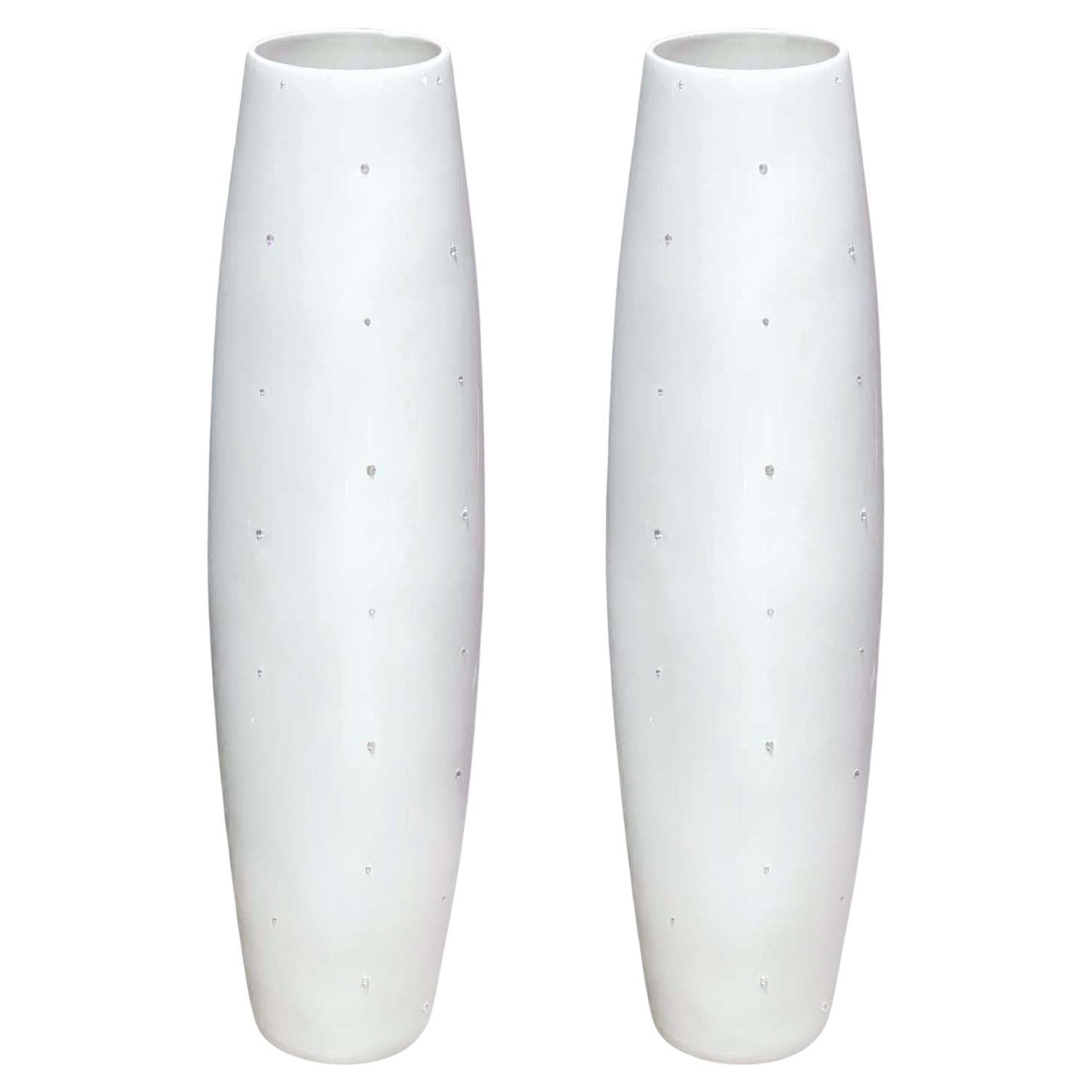 Pair of Oversized Italian Ceramic Vases with Swarovski Crystal Pieces For Sale