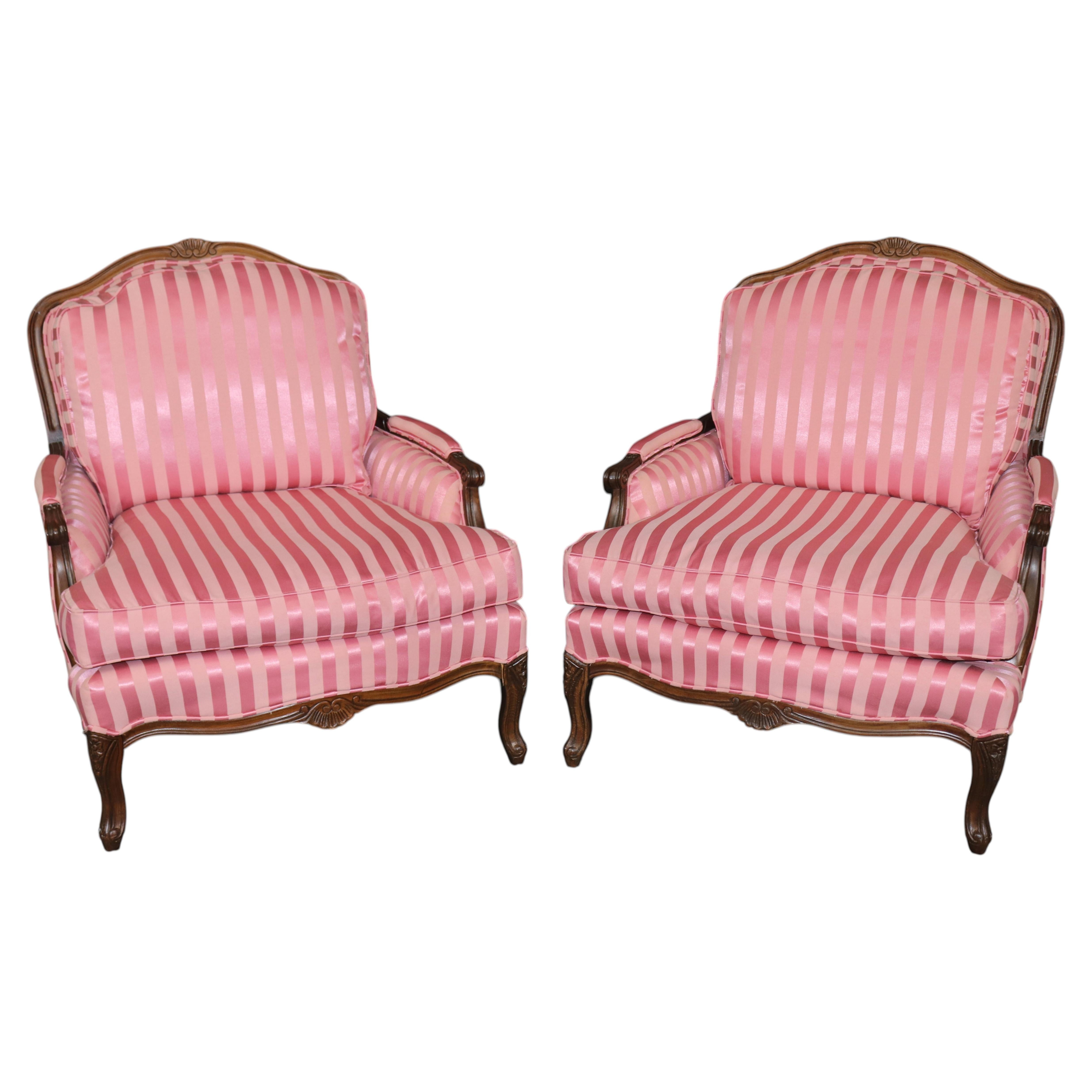 Pair of Oversized Louis XV Style Carved Bergere Chairs With Silk Upholstery