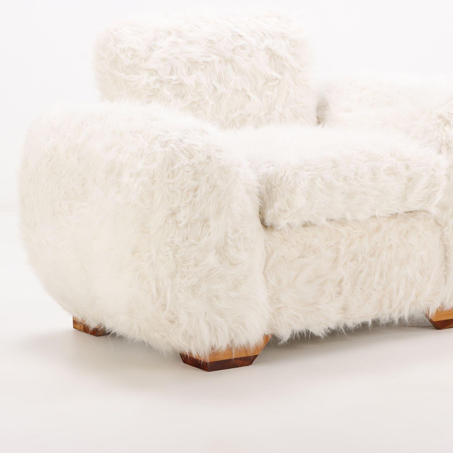 Pair of Oversized Off-White Faux Goatskin Chairs In Good Condition For Sale In Los Angeles, CA