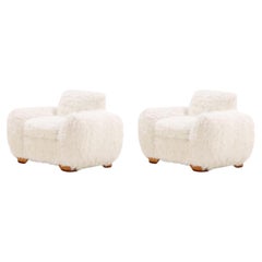 Vintage Pair of Oversized Off-White Faux Goatskin Chairs