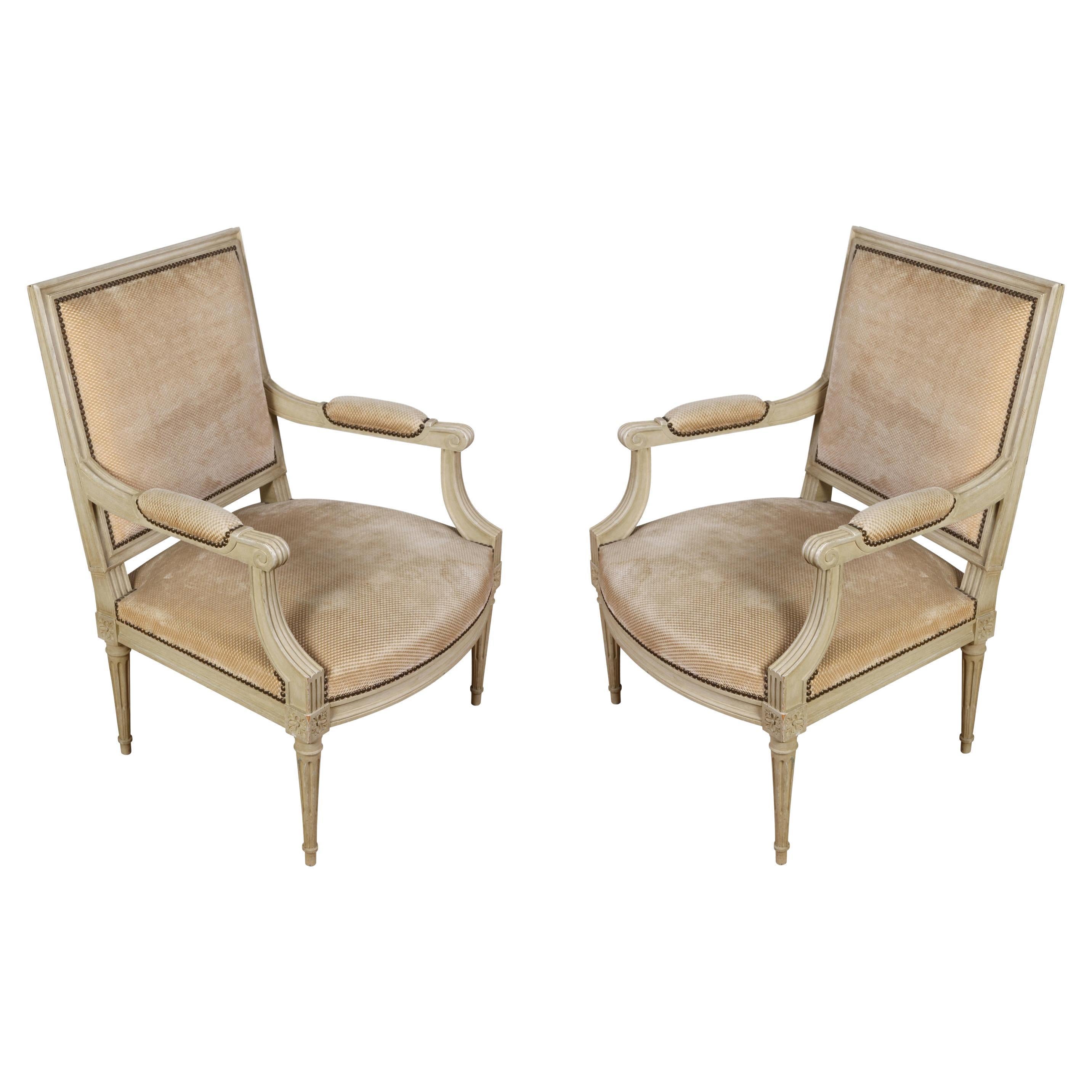Pair of Oversized Painted Louis XVI Arm Chairs For Sale
