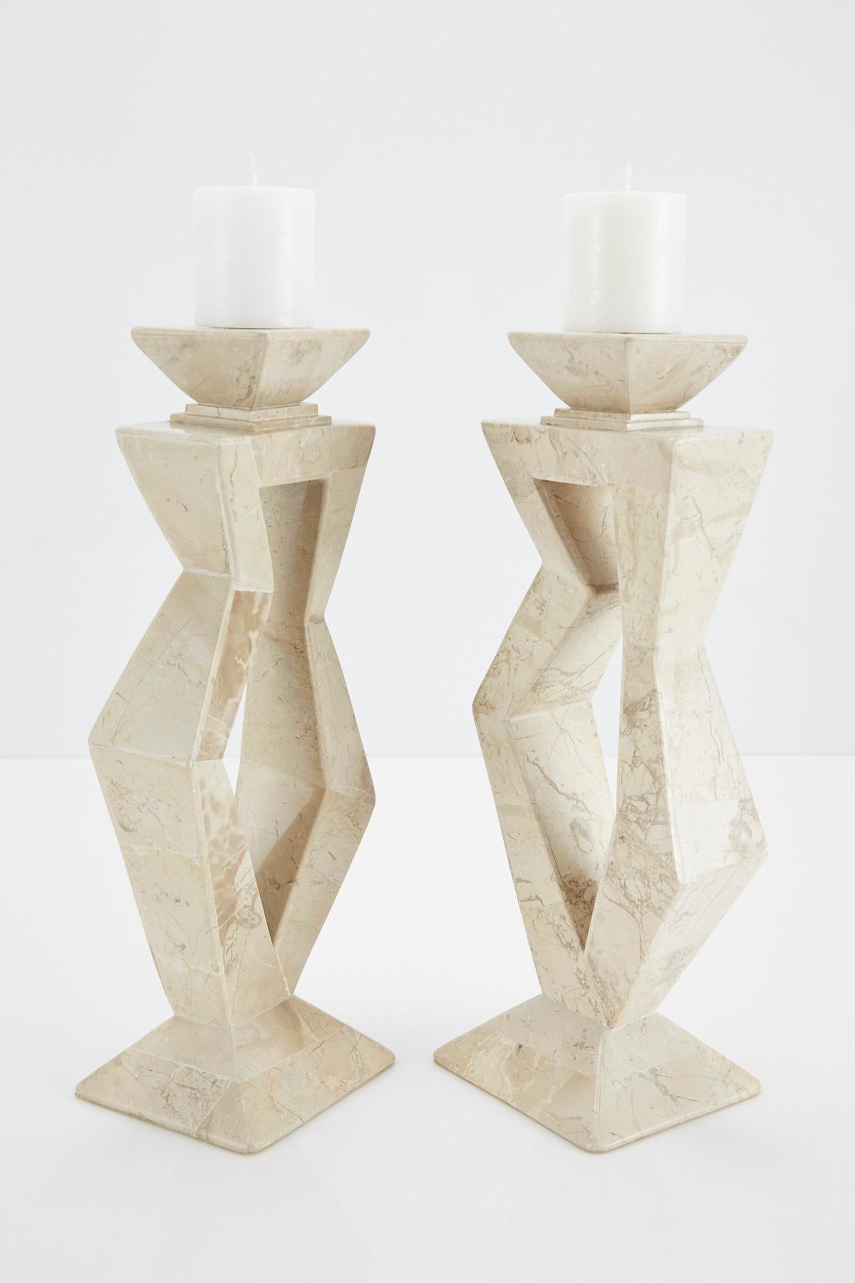Minimalist Pair of Oversized Postmodern Tessellated Cantor Stone Candlesticks, 1990s
