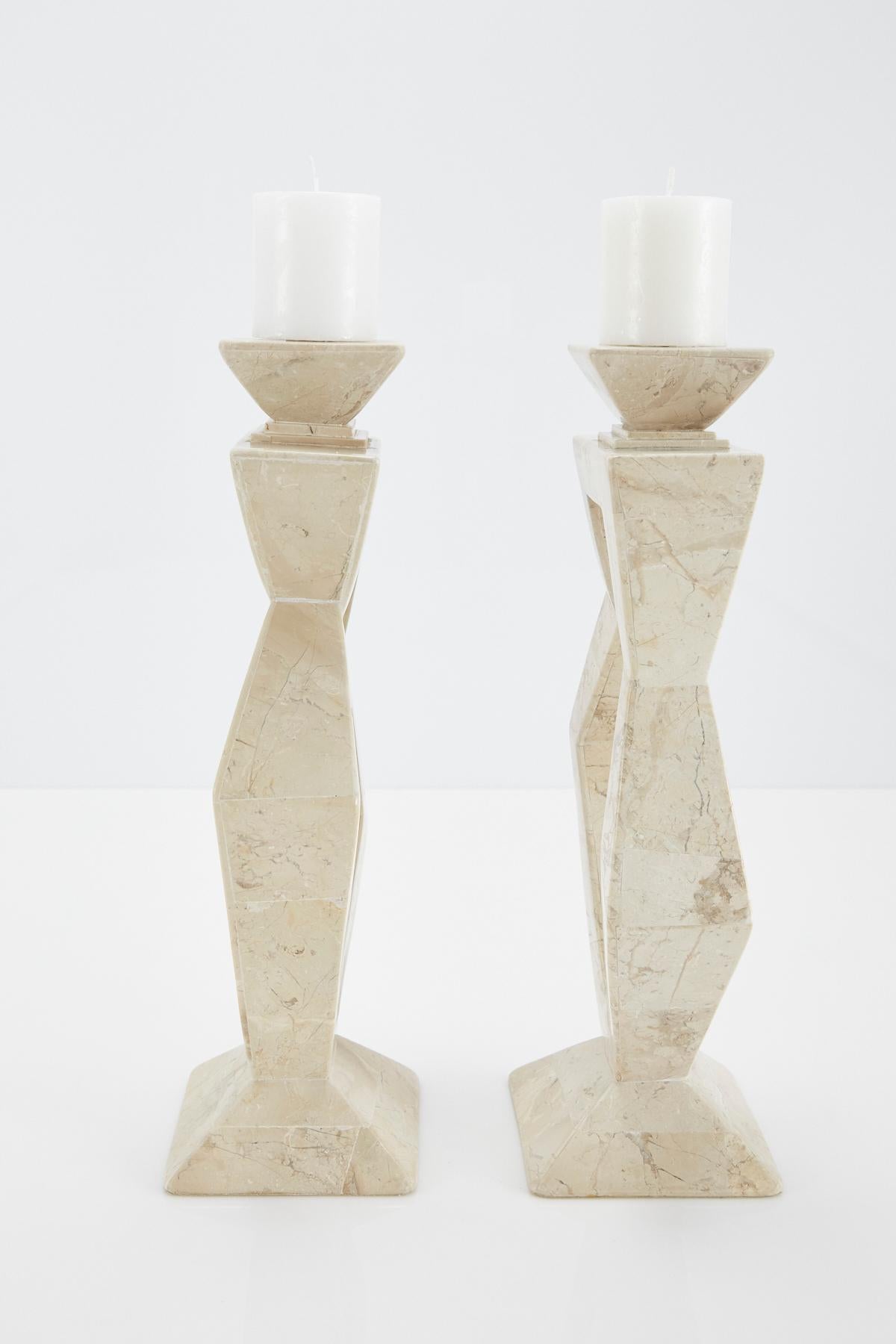 Philippine Pair of Oversized Postmodern Tessellated Cantor Stone Candlesticks, 1990s