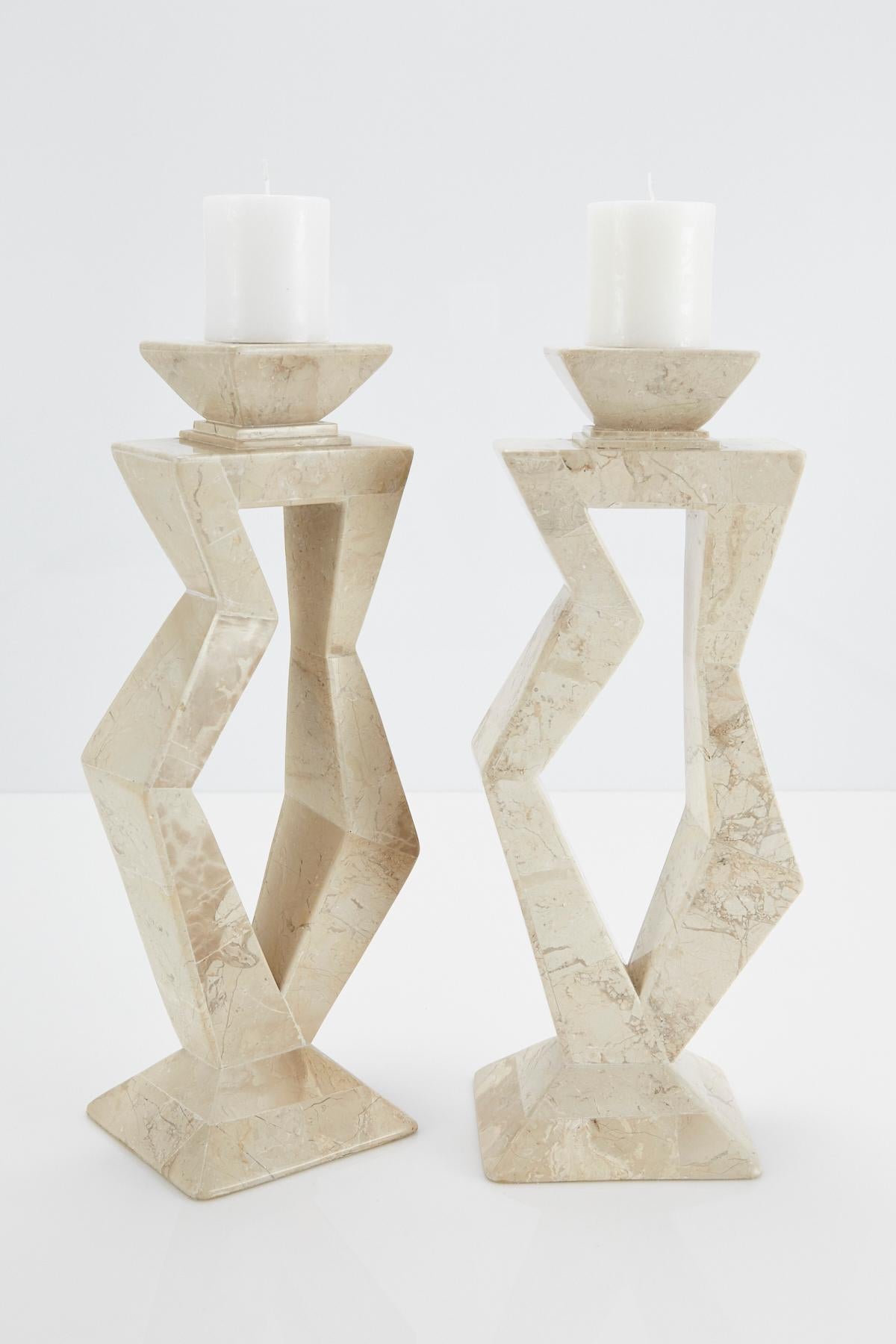 Painted Pair of Oversized Postmodern Tessellated Cantor Stone Candlesticks, 1990s