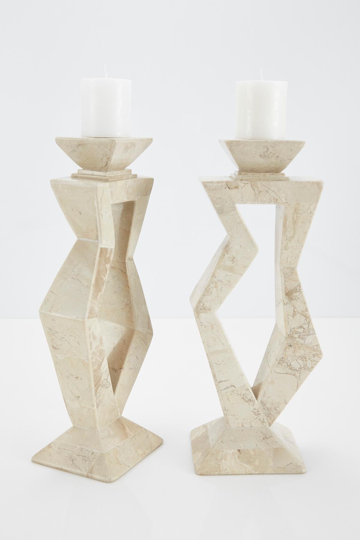 Pair of Oversized Postmodern Tessellated Cantor Stone Candlesticks, 1990s In Excellent Condition In Los Angeles, CA