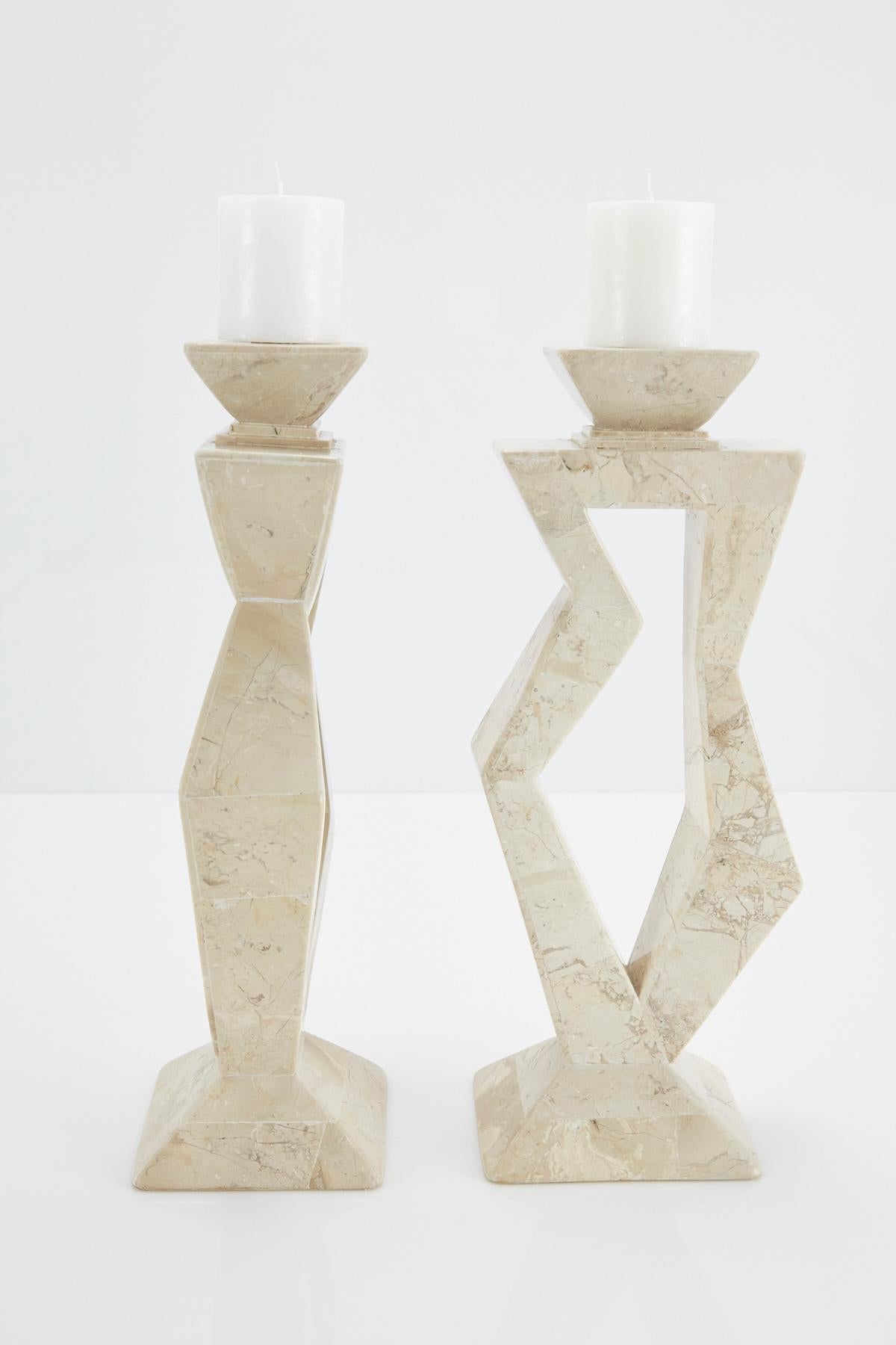 Late 20th Century Pair of Oversized Postmodern Tessellated Cantor Stone Candlesticks, 1990s