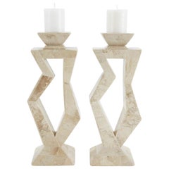 Pair of Oversized Postmodern Tessellated Cantor Stone Candlesticks, 1990s