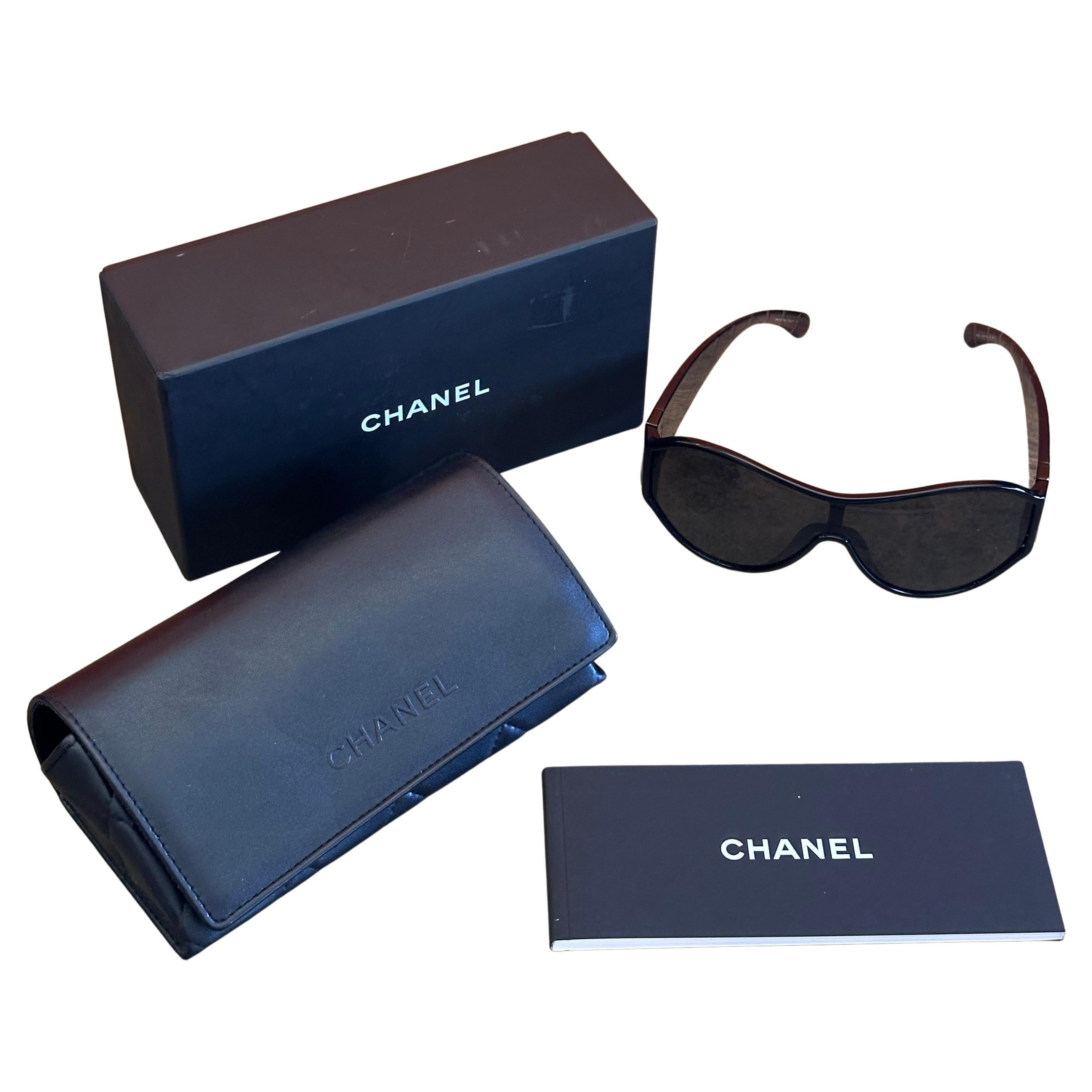 Pair of Oversized Quilted Shield Sunglasses with Original Case & Box by Chanel For Sale