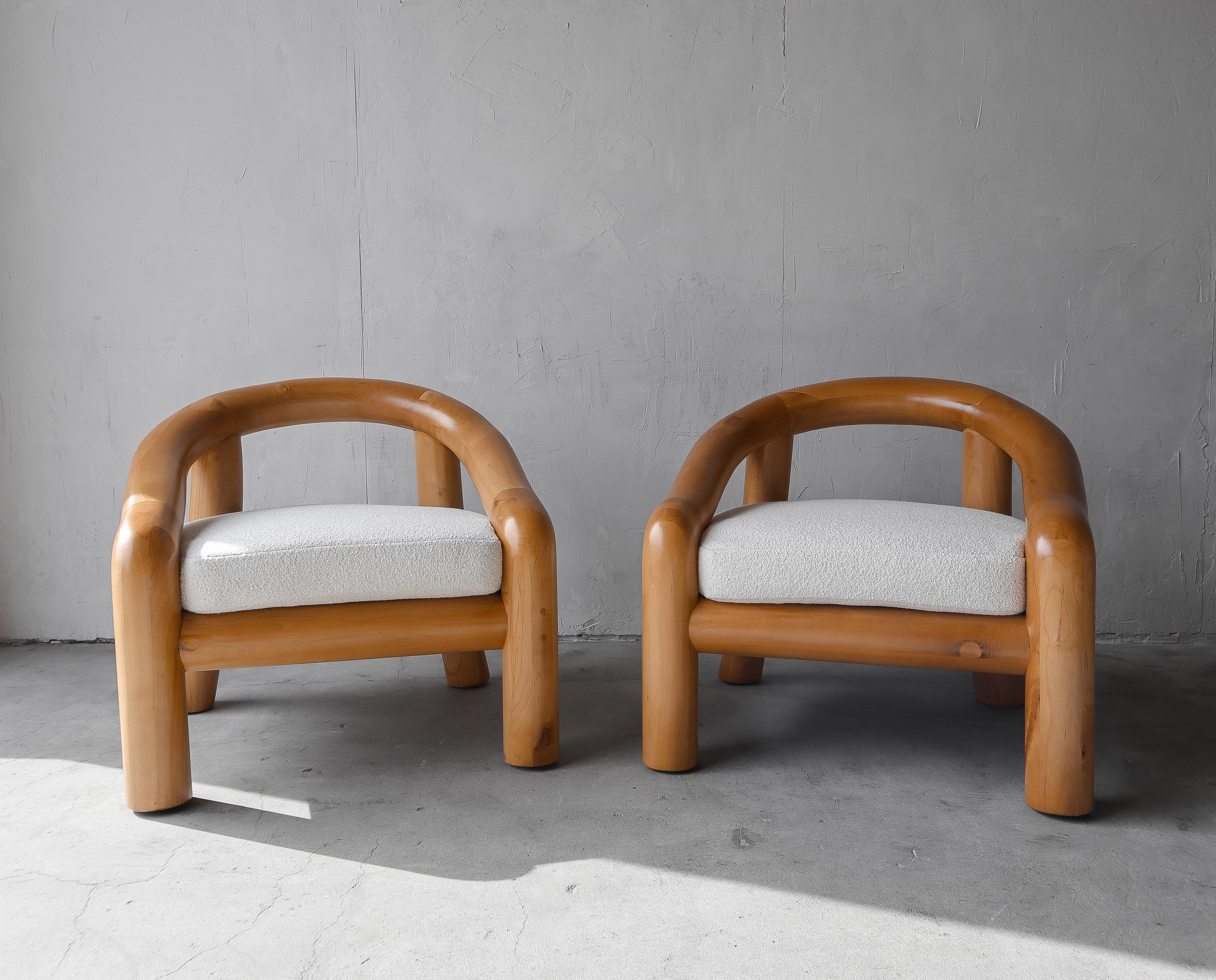 Fabric Pair of Oversized Sculptural Solid Maple Lounge Chairs