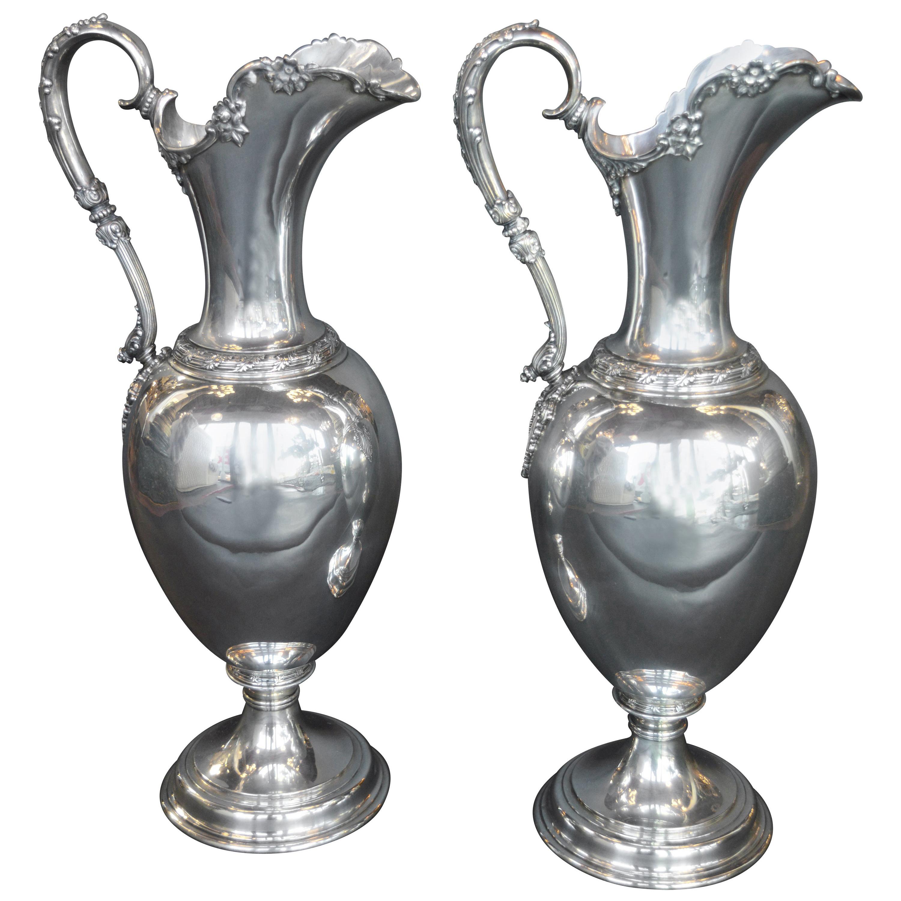 Pair of Oversized Sterling Silver Tiffany & Co. Pitchers For Sale