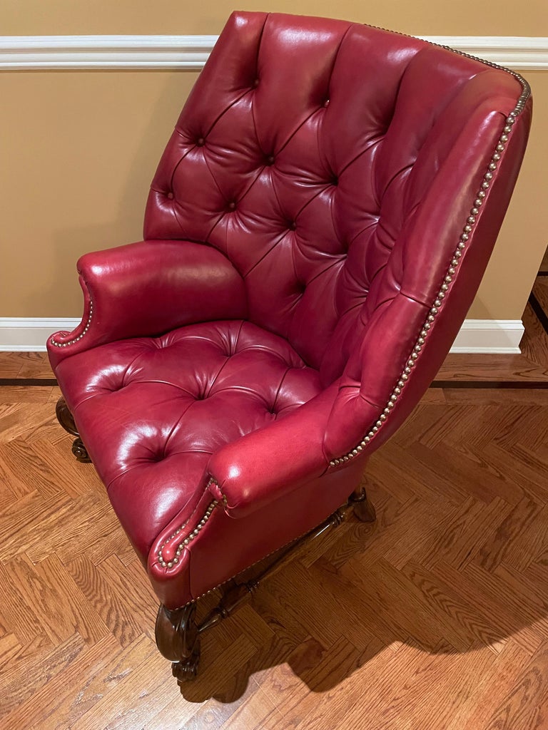 Pair of Oversized Tufted Leather Wingback Chairs, Finest