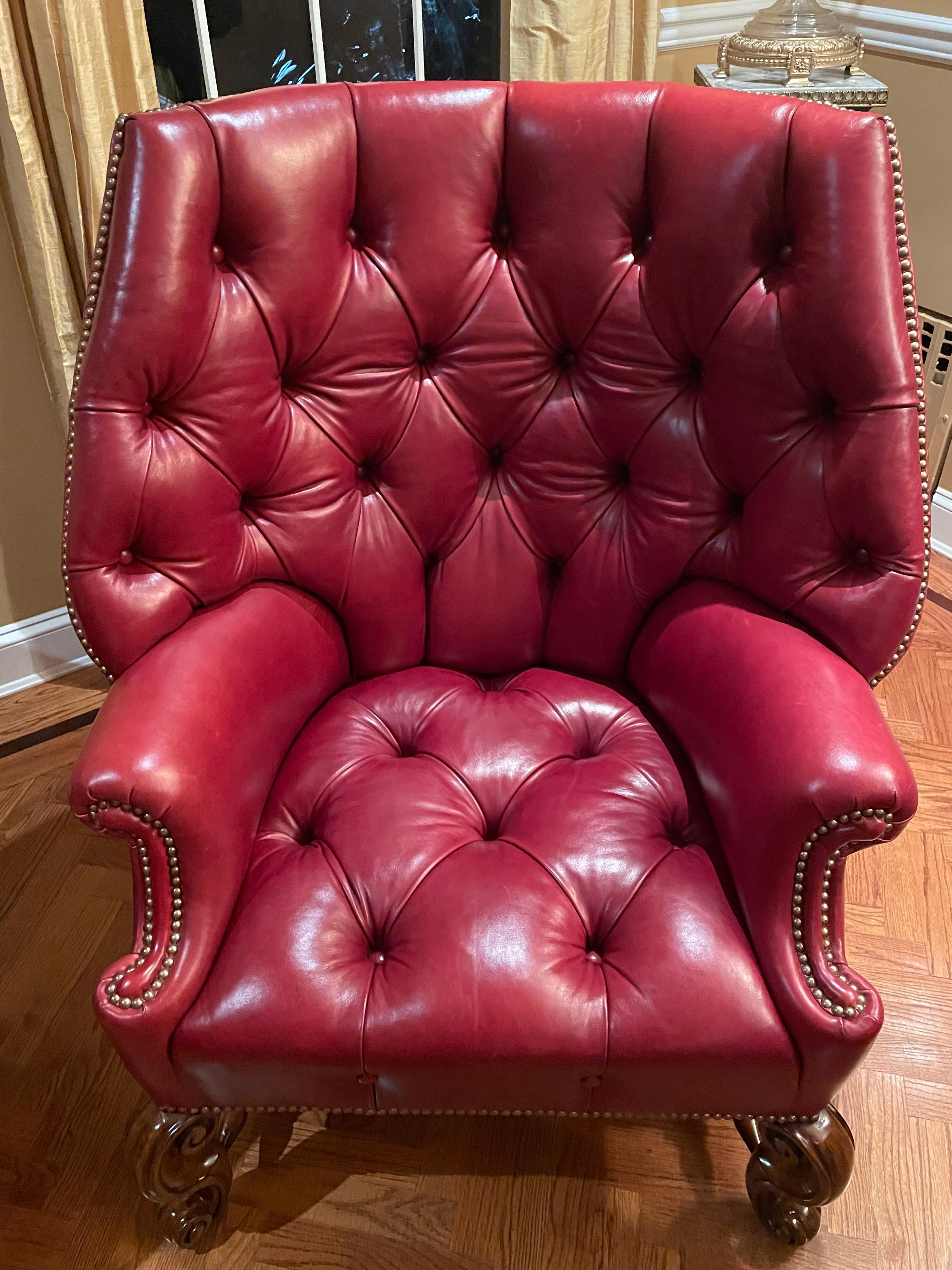 Pair of Oversized Tufted Leather Wingback Chairs, Georgian, Finest Quality For Sale 10