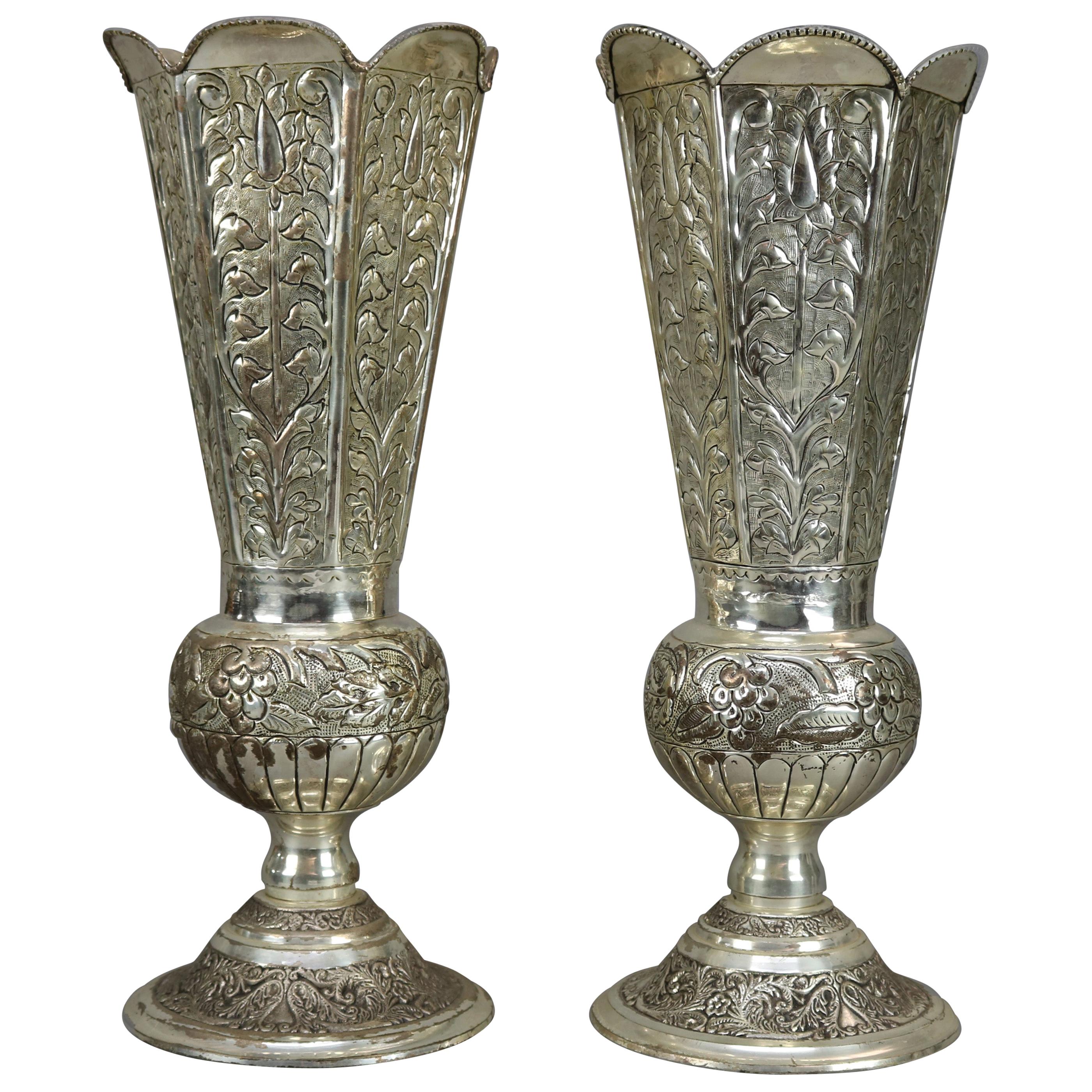 Pair of Oversized Vintage Silver Plate Floral Embossed Footed Vases 20th Century