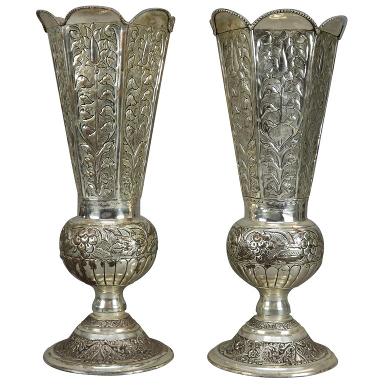 Pair of Oversized Vintage Silver Plate Floral Embossed Footed Vases