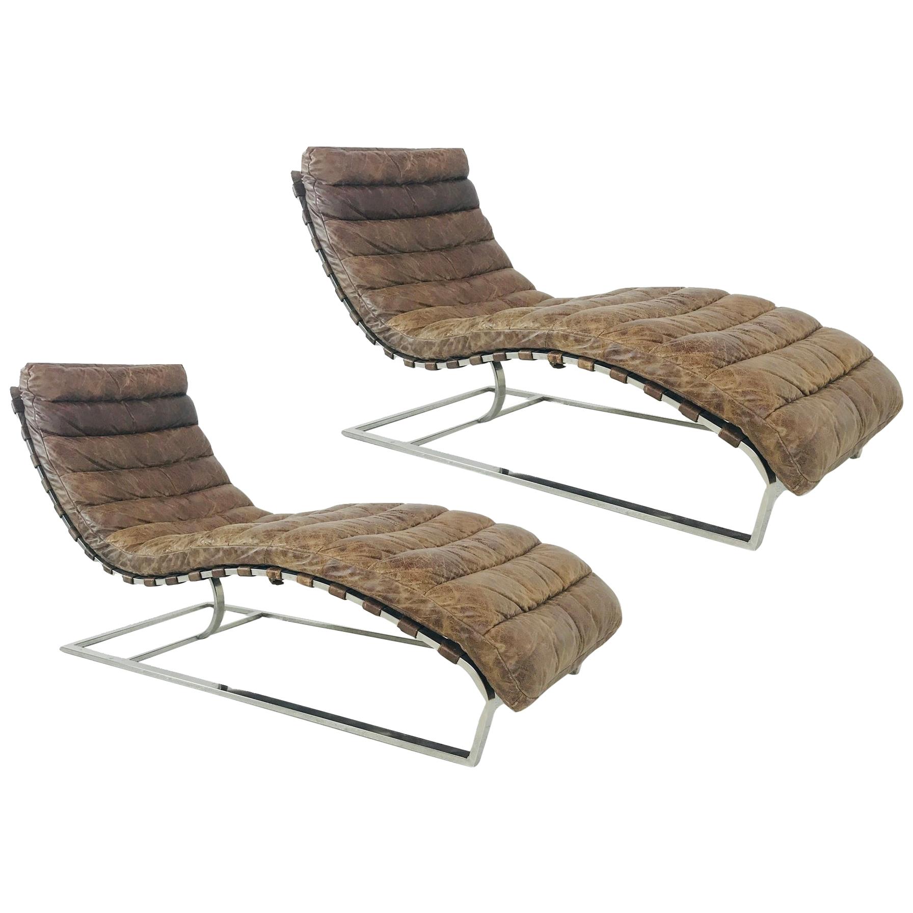 Pair of Oviedo Distressed Leather Chaise Lounges