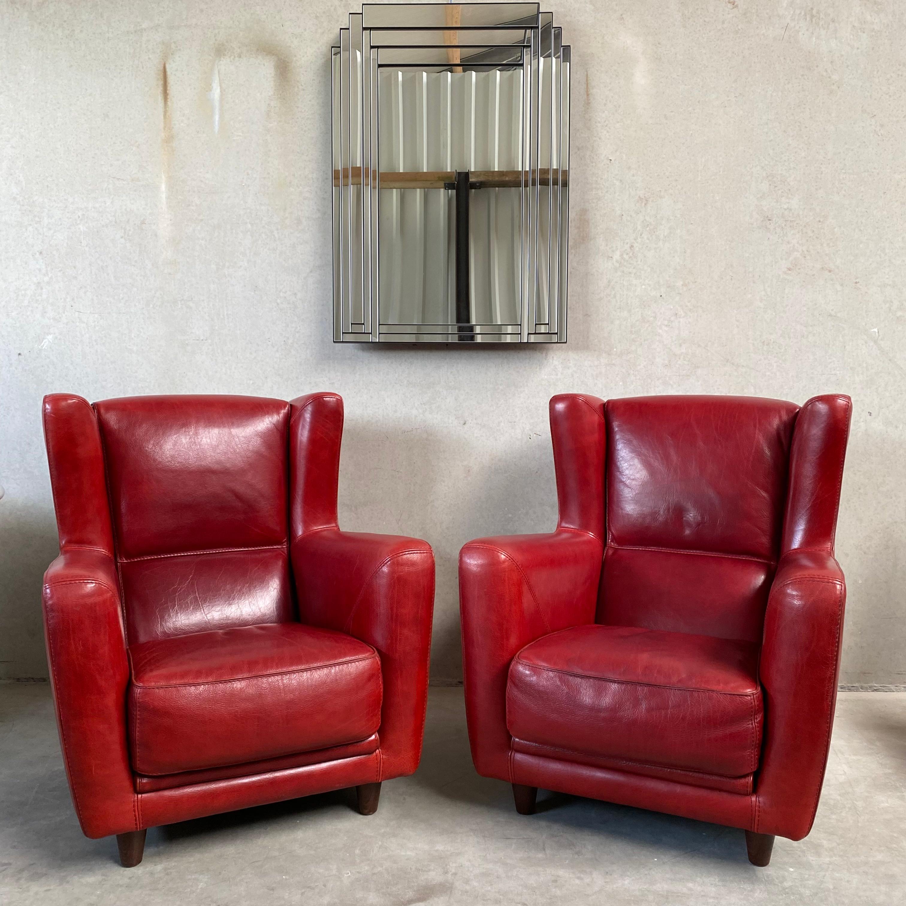 Pair of Ox-Blood Red Leather Lounge Chairs Begére by Baxter Italy 90s For Sale 13