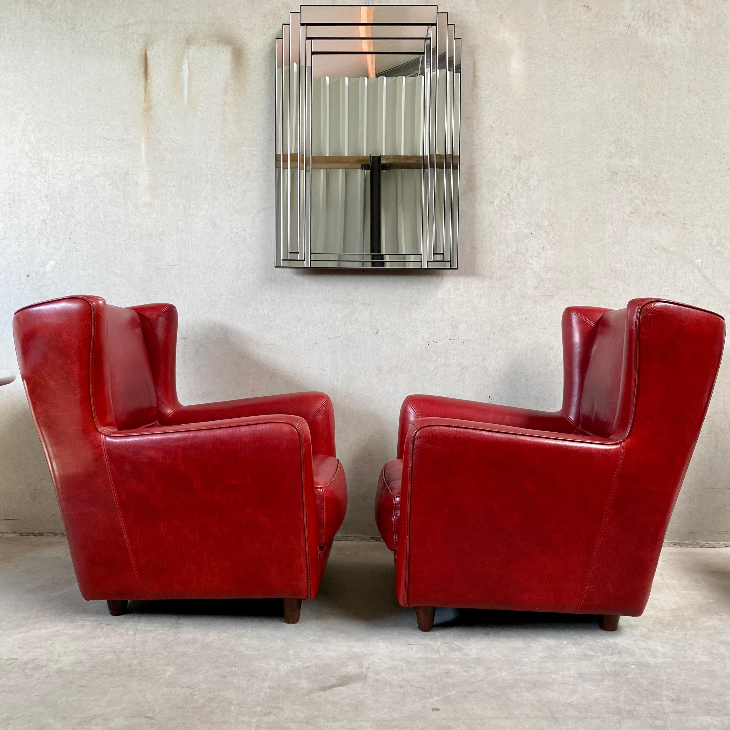 Art Deco Pair of Ox-Blood Red Leather Lounge Chairs Begére by Baxter Italy 90s For Sale