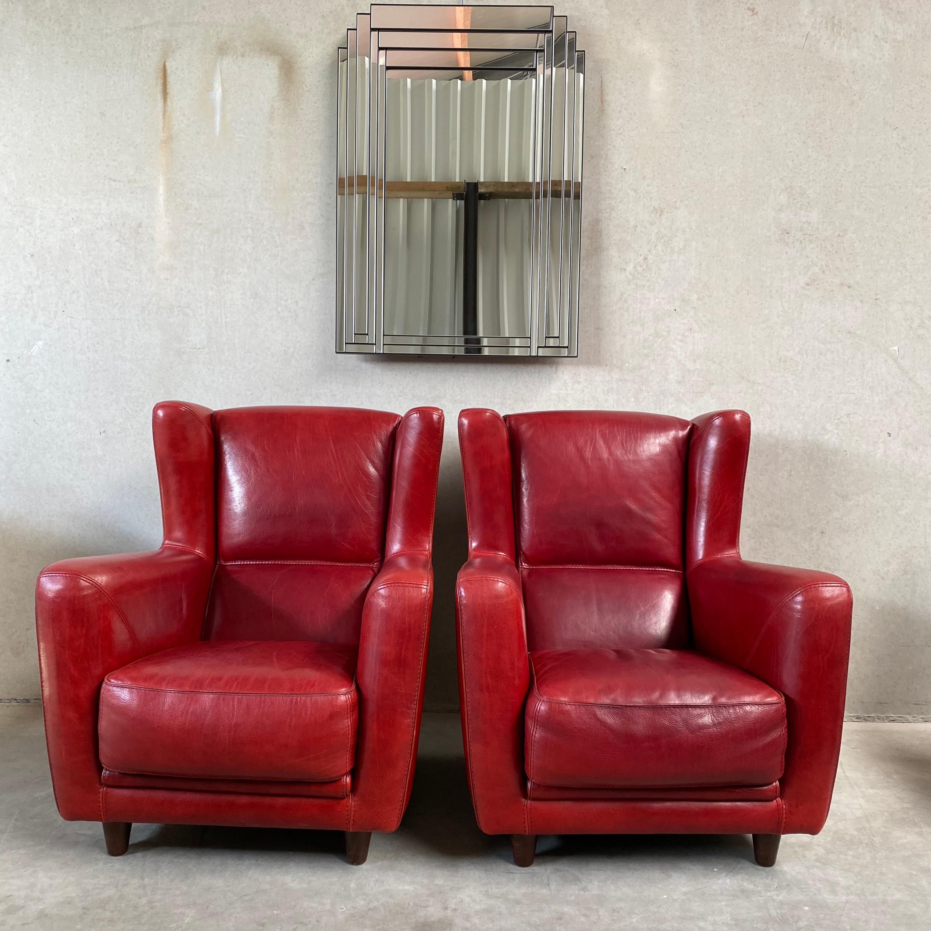 Italian Pair of Ox-Blood Red Leather Lounge Chairs Begére by Baxter Italy 90s For Sale