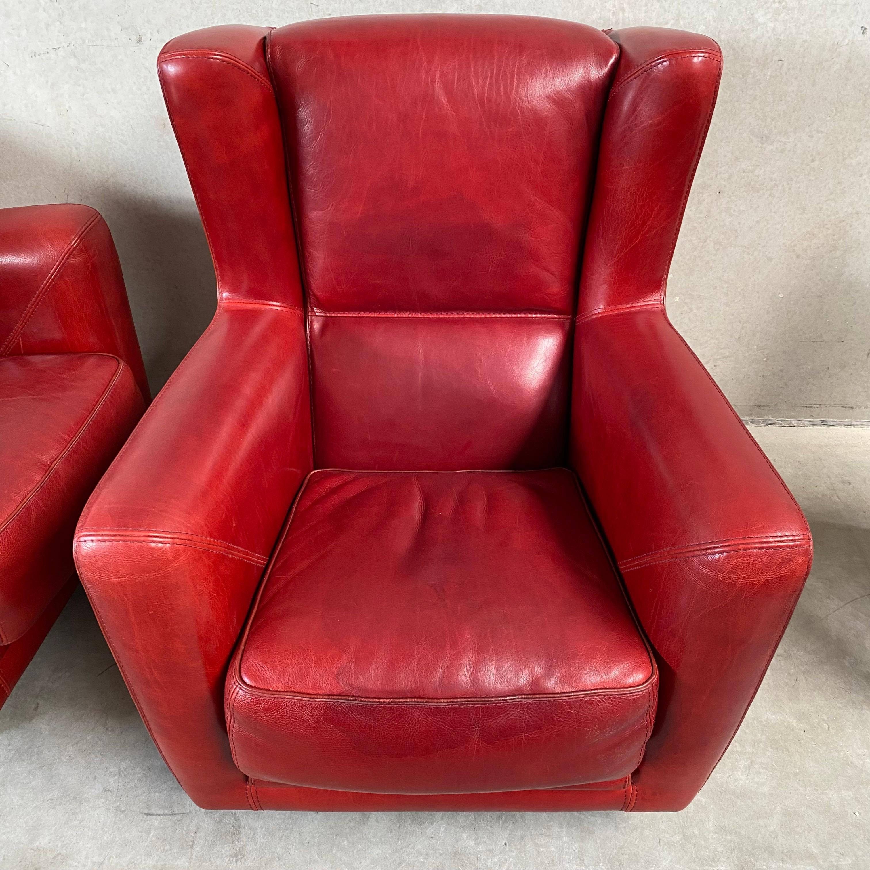 Late 20th Century Pair of Ox-Blood Red Leather Lounge Chairs Begére by Baxter Italy 90s For Sale