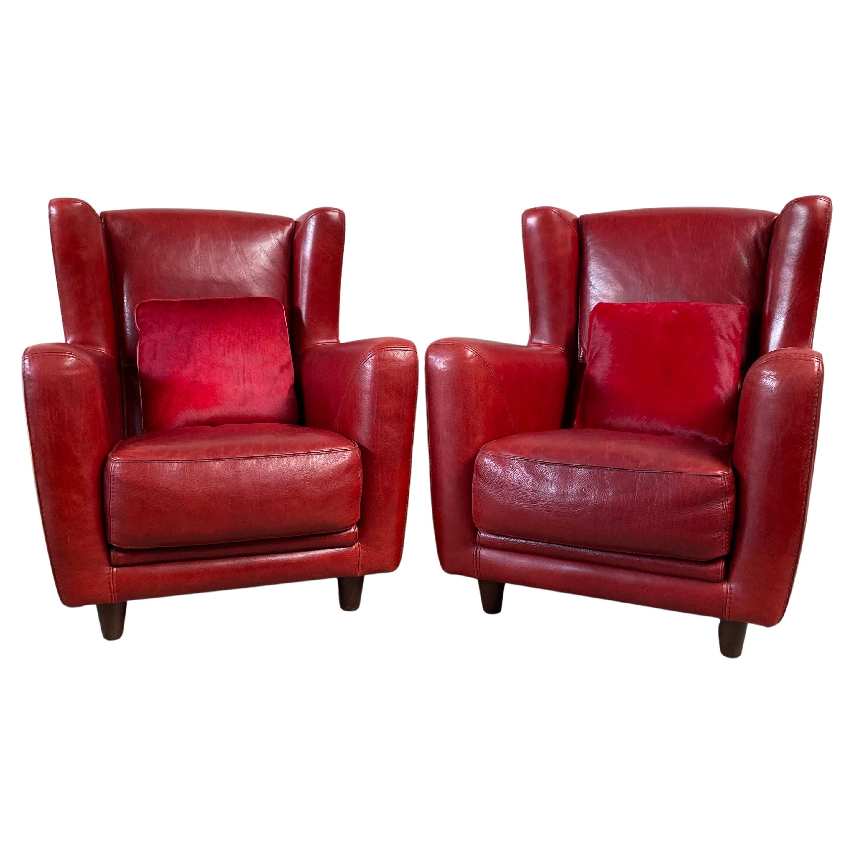 Pair of Ox-Blood Red Leather Lounge Chairs Begére by Baxter Italy 90s For Sale