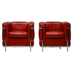 Pair of Oxblood Leather 'LC2' Arm Chairs by Le Corbusier for Cassina, Signed