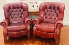 Pair of Oxblood Leather Tufted Writers Recliner Armchairs