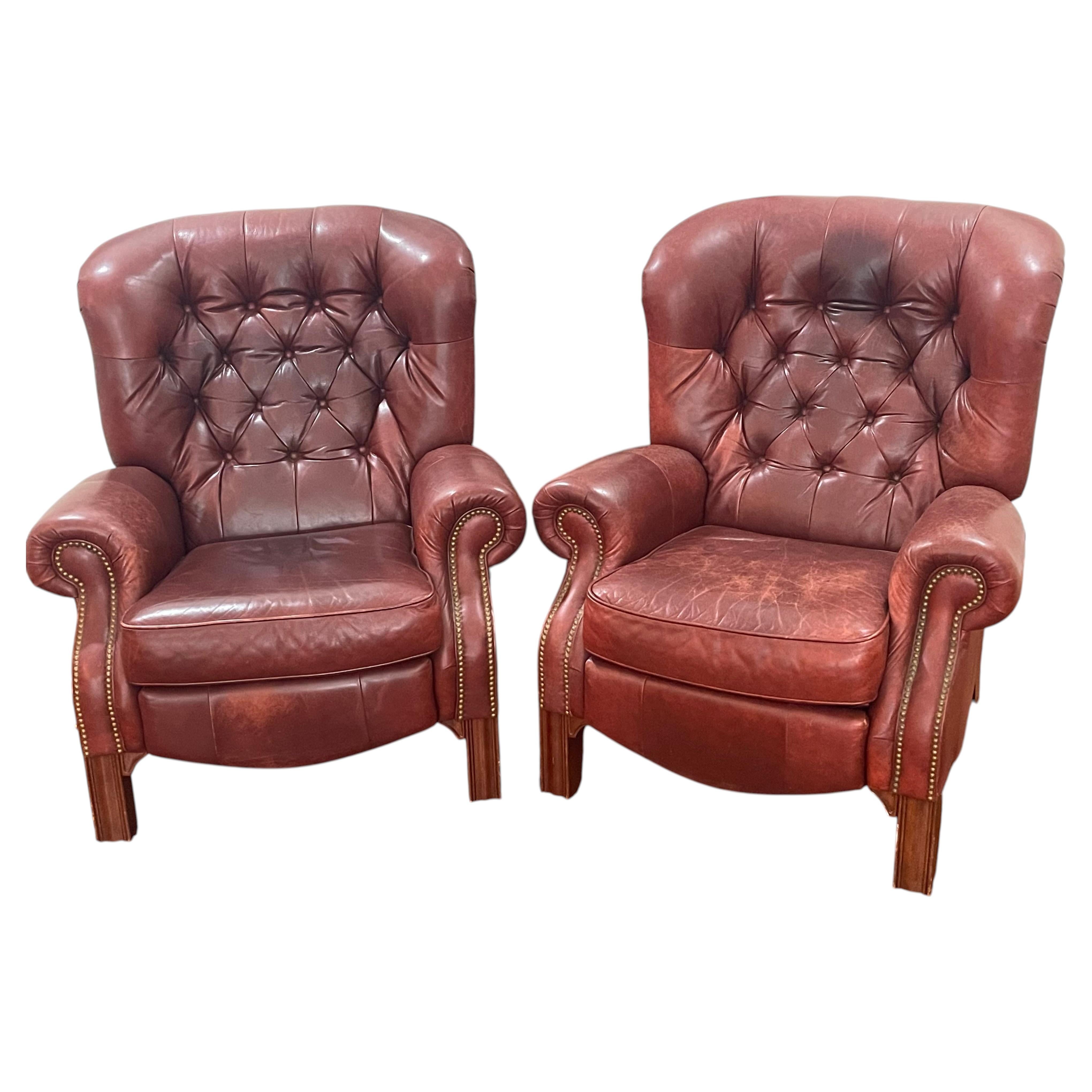 Pair of Oxblood Leather Tufted Writers Recliner Armchairs