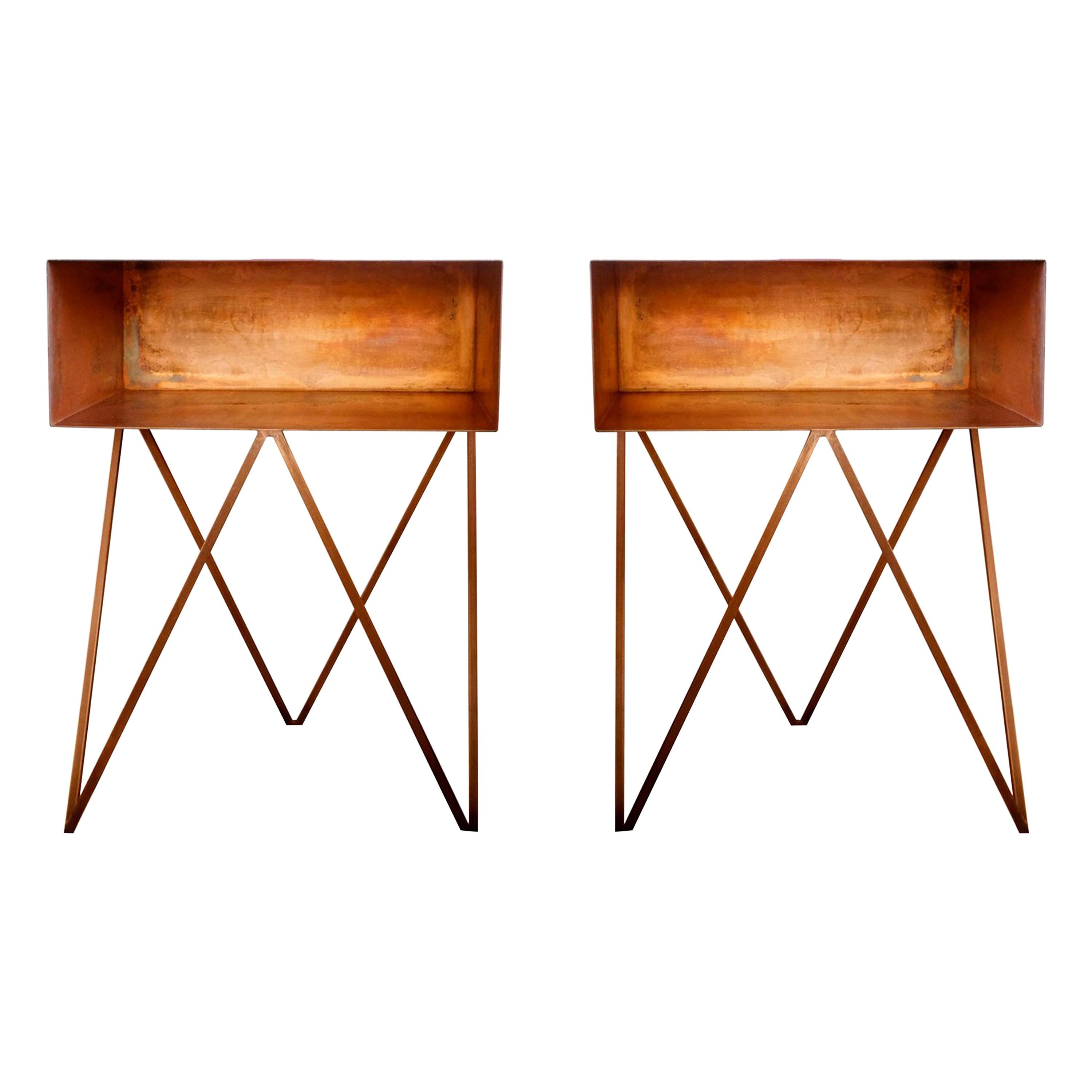 Pair of Luxury Oxidised Copper Robot Side Tables, End Tables, Bedside Tables