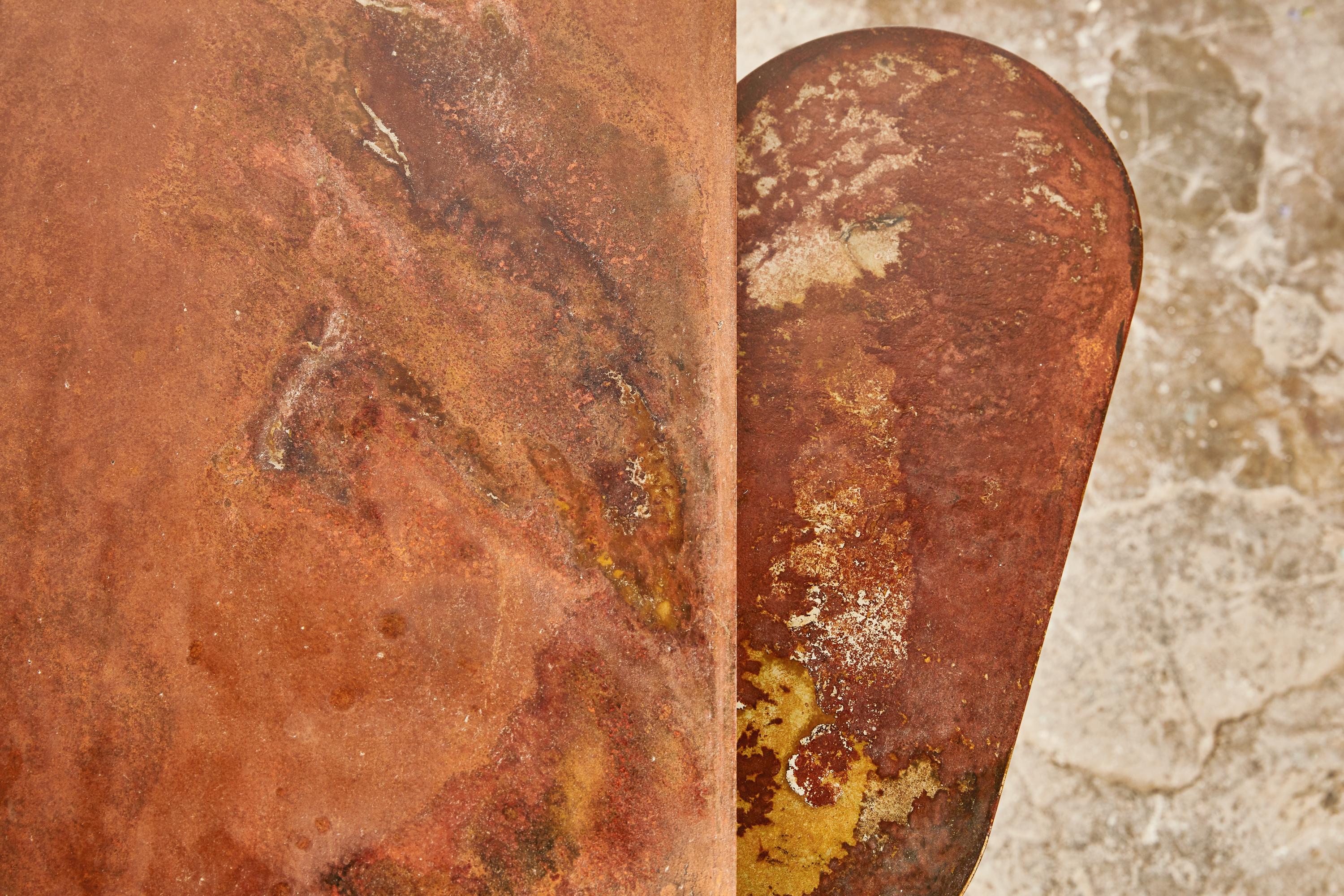 Pair of oxidized ellipses table signed by Pia Chevalier
Oxidized steel.
Dimensions:
Large 120 x 40 cm H. 40 cm
Small 90 x 30 cm H. 35 cm

Exists also in smaller version:
Large: 60 x 27 cm H. 45 cm
Small: 40 x 18 cm H. 40 cm

Pia Chevalier