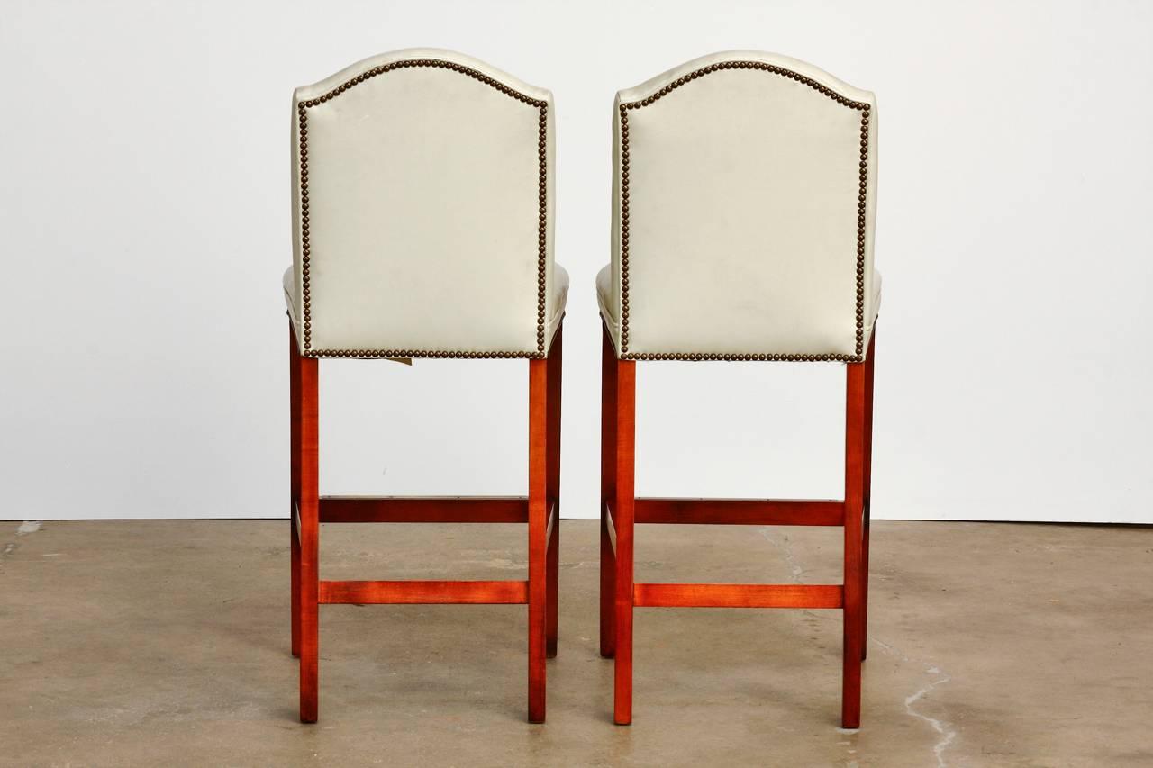 Modern Pair of Oyster Leather High Back Bar Stools