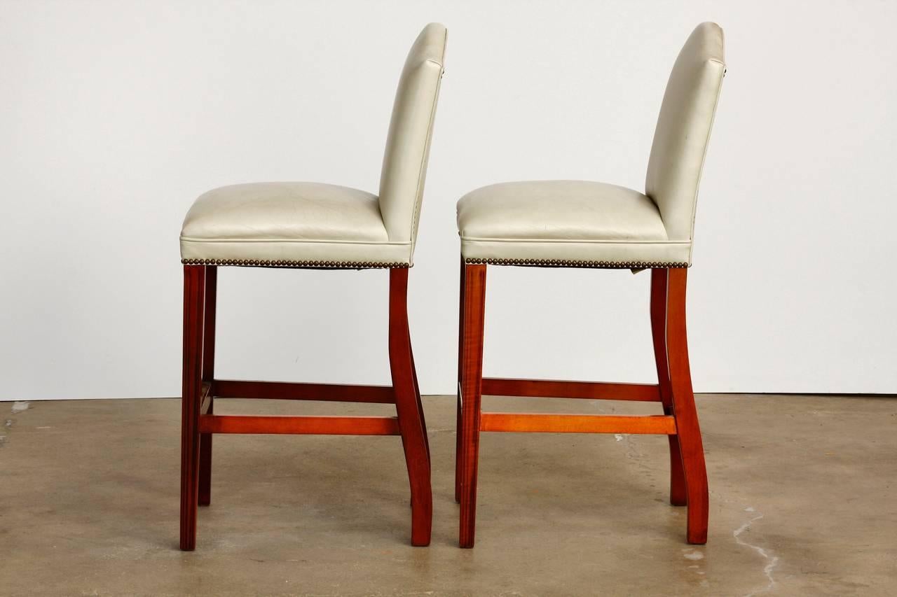 American Pair of Oyster Leather High Back Bar Stools