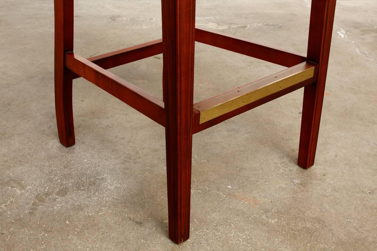 Brass Pair of Oyster Leather High Back Bar Stools